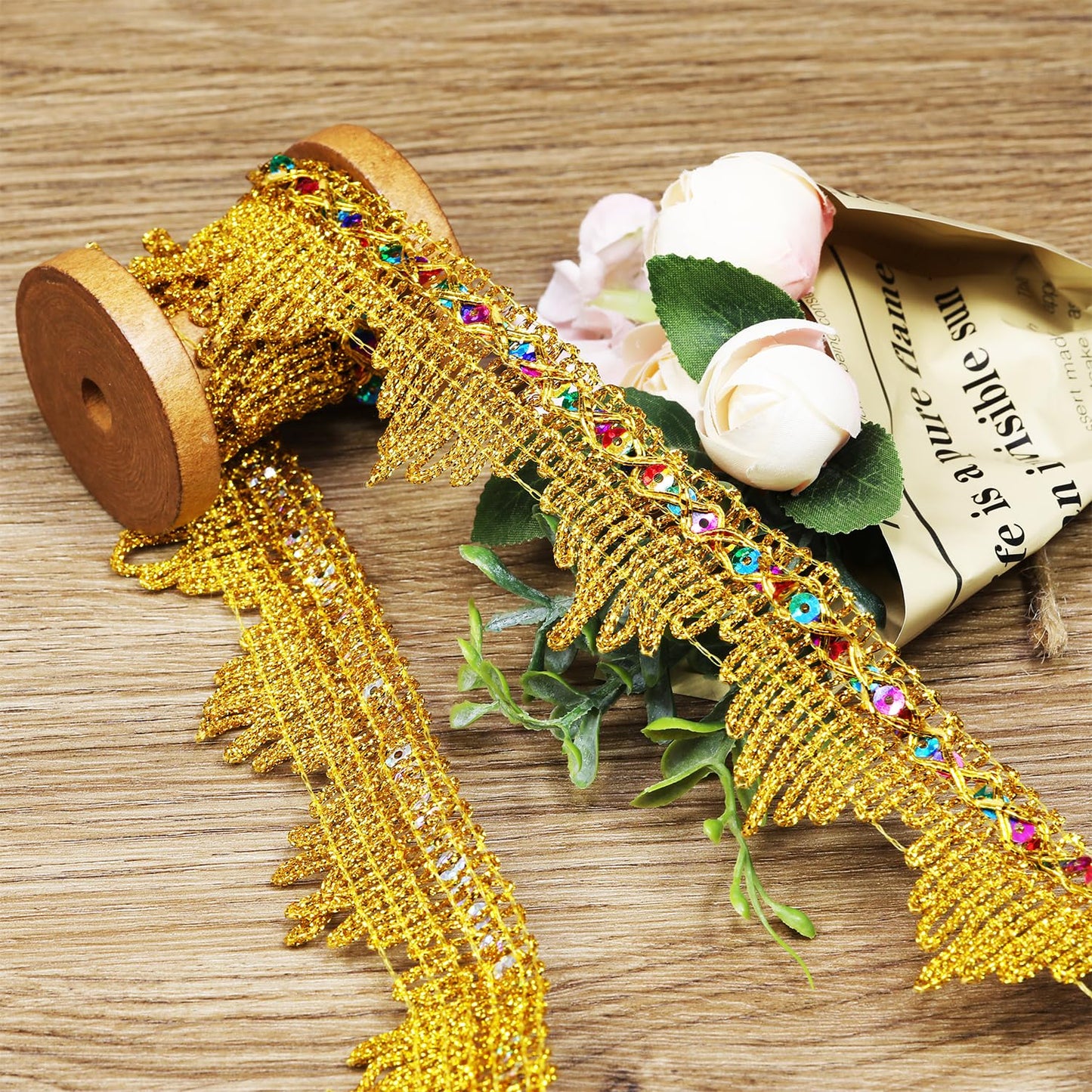 Length14 Yards，Width4cm/1.97Inch, Gold Sequin lace Trim Craft Ribbon Decorated Gimp Trim for Wedding Bridal, Performance Costumes or Jewelry, Crafts and Sewing （ Gold Sequin）