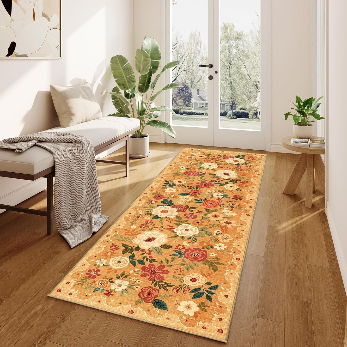 DUKINO Runner Rug, 2.6x8 Kitchen Rug for Hallway with Non Slip Backing, Washable Low Pile Soft Boho Floral Runner Carpet for Hallway, Kitchen, Entryway, Laundry, Bedroom, Orange
