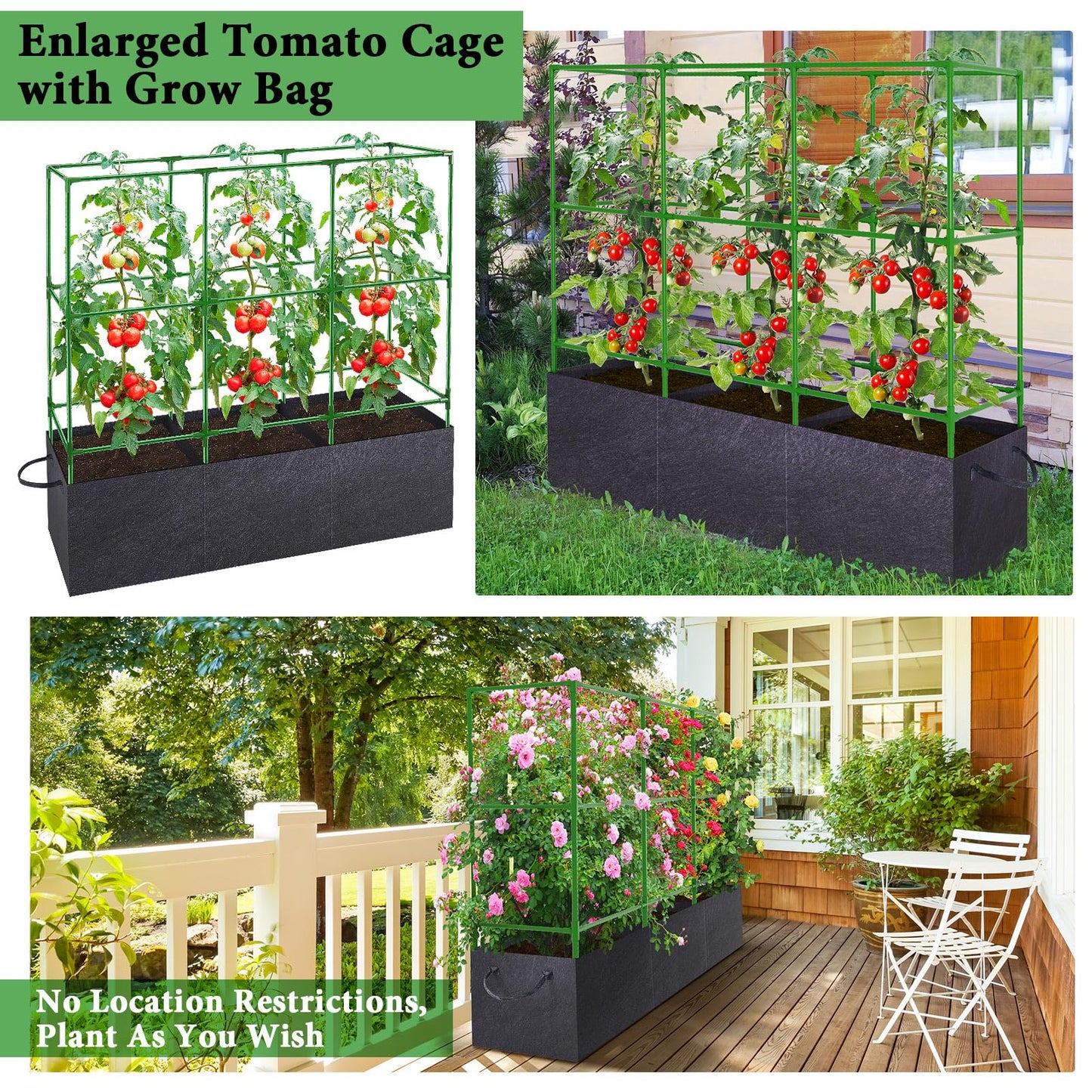 POILKMNI Tomato Cage 51×17×49 Inch with 46 Gallon Grow Bag, Heavy Duty Plastic Coated Steel Plant Support Trellis for Tomato Cucumber Climbing Plants Outdoor Indoor