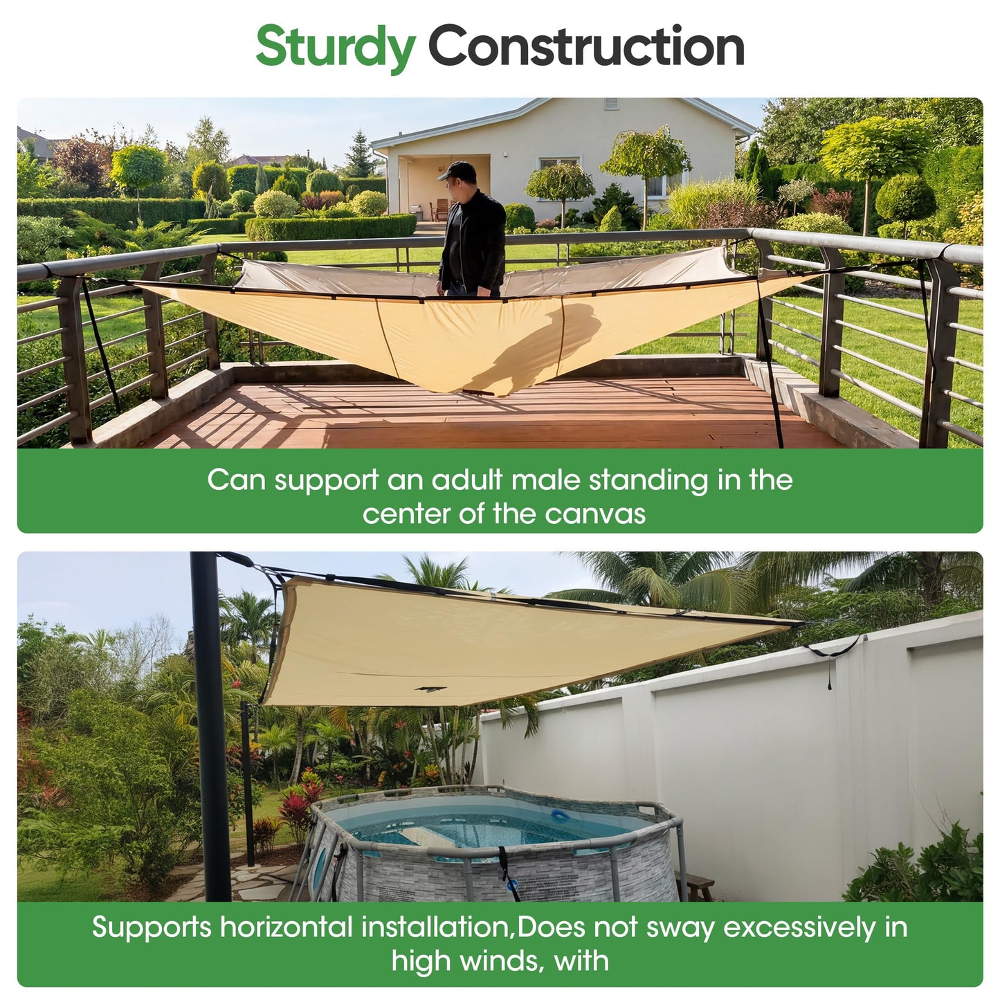 SIHAIAN Sun Shade Sail 10'x13' Waterproof Rectangle Double-Rope Shade Sail 500D Heavy Duty UV Block Sunshade Canopy for Backyards, Patios, Gardens, Outdoor Activities and Facility Beige