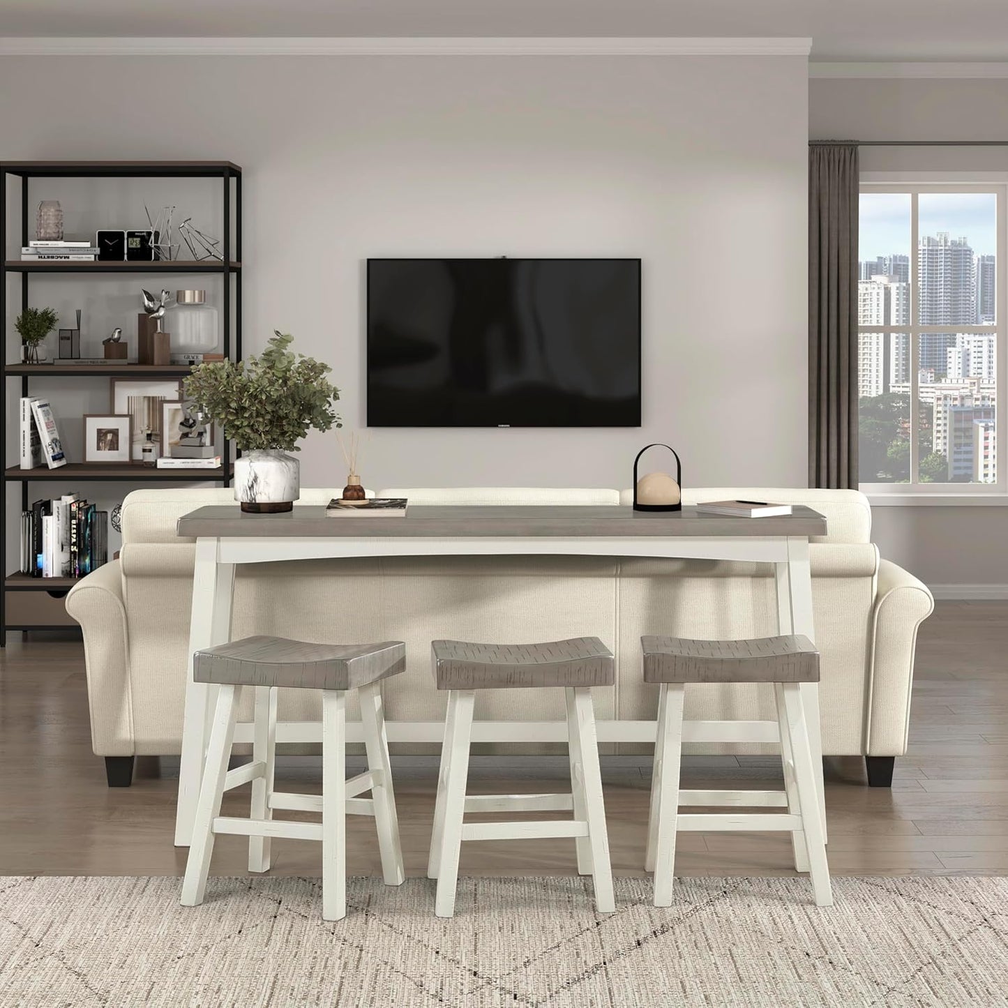 Lexicon Bar Table Set for 3, Small Kitchen Table Set Kitchen Island Table with 3 Saddle Bar Stools, 4 Piece Dining Table Set for Breakfast Nook, Living Room, Apartment, Counter Height, White/Coffee
