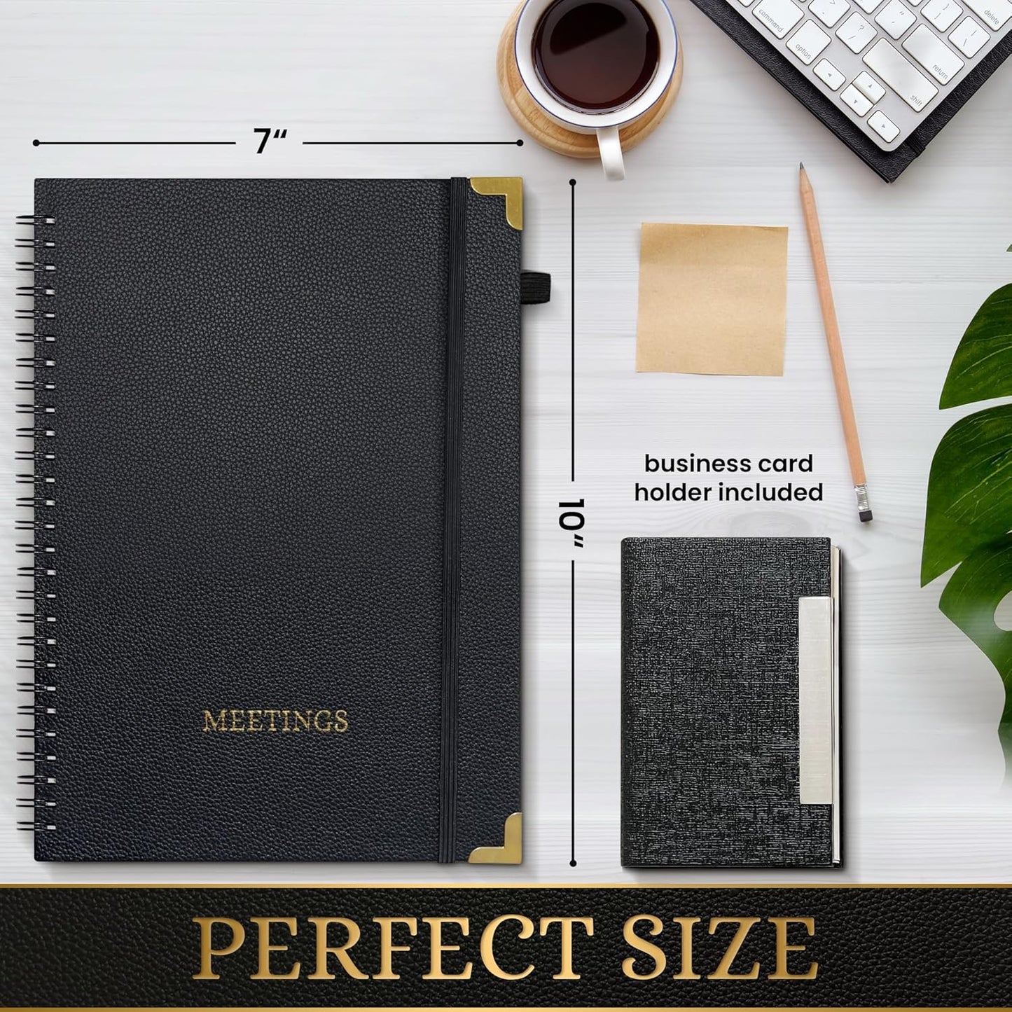 3 pcs Meeting Notebook for Work, This Comes with a Pen and a Business Card Holder, Pu Leather, Notebook for Meetings, Black and Gold Metal Corner 7”x10 Inch, Business Planner, Meetings