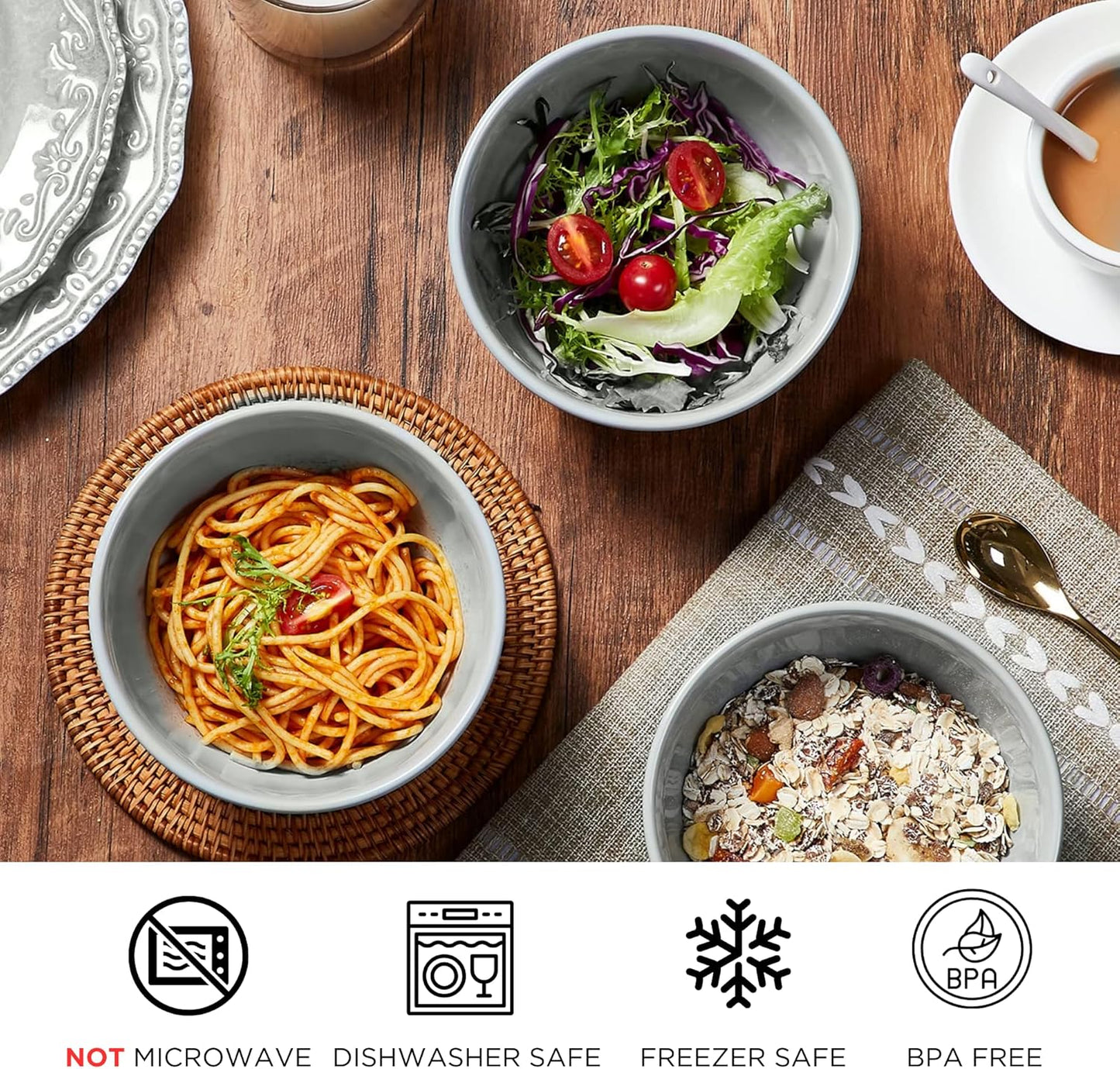 TP 12-Piece Dinnerware Set, Melamine Dishes Set with Bowls and Plates, Non-breakable and Lightweight Dinner Service for 4, Grey