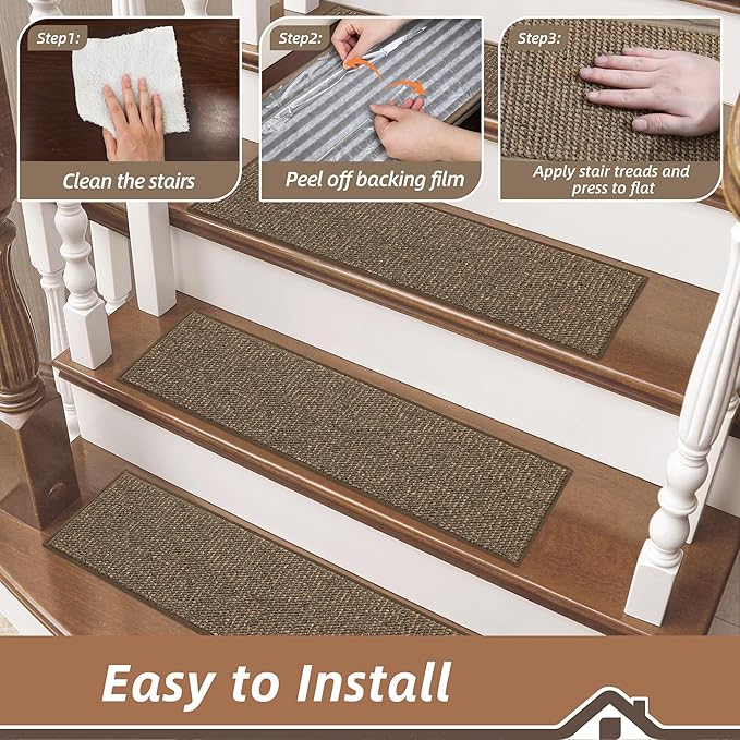 BEQHAUSE Stair Treads for Wooden Steps 28inX9in, Carpet Stair Treads Non Slip Indoor, Machine Washable Stair Runners for Kids Elders and Pets, Carpet for Stair Rugs Mat, TPE Backing, 15pcs, Brown