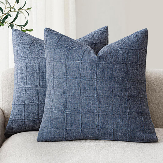 Foindtower Set of 2 Decorative Linen Check Throw Pillow Covers Neutral Farmhouse Vintage Cushion Covers Modern Coastal Boho Home Decor for Sofa Chair Couch Bedroom Living Room Outdoor,26×26 Inch,Blue