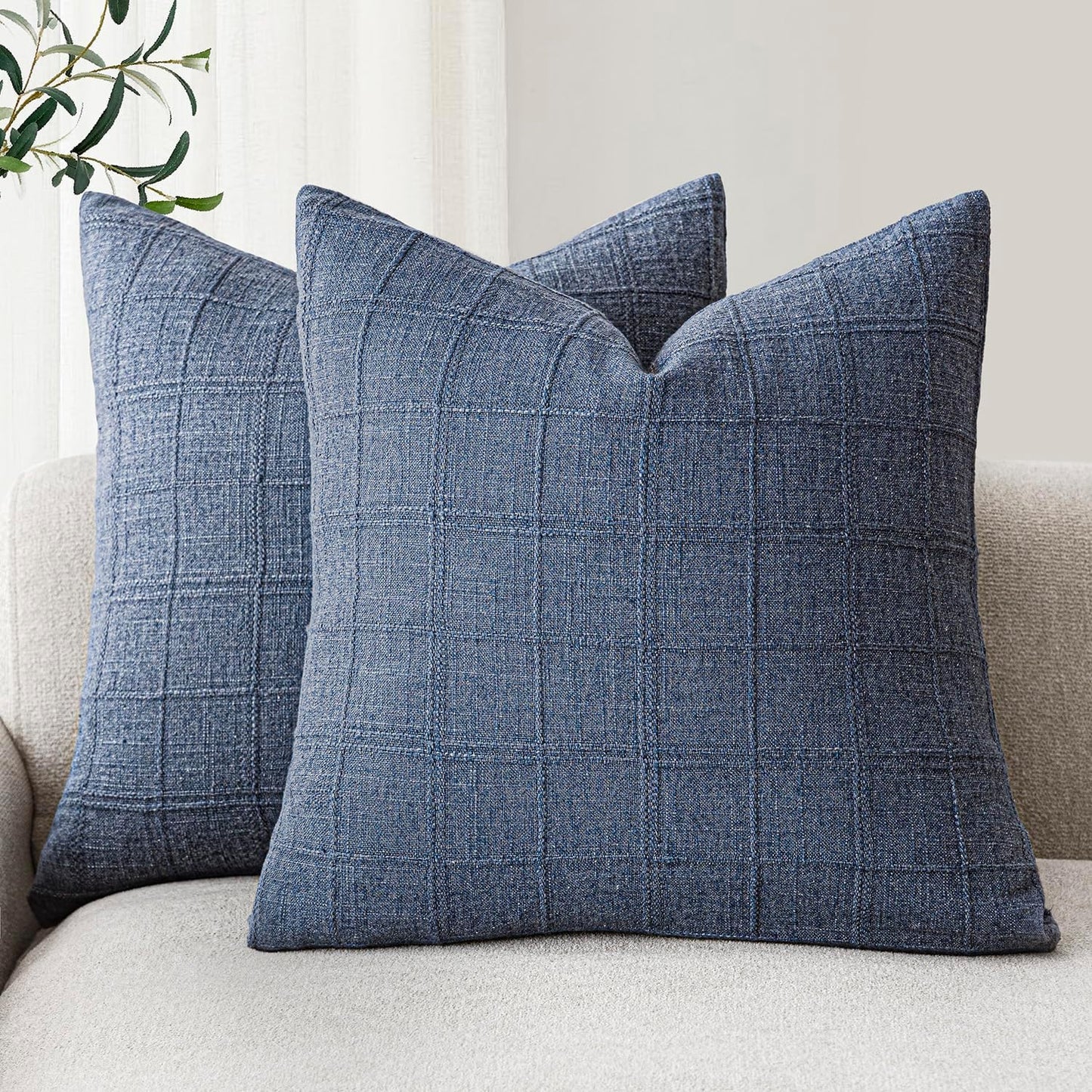 Foindtower Set of 2 Decorative Linen Check Throw Pillow Covers Neutral Farmhouse Vintage Cushion Covers Modern Coastal Boho Home Decor for Sofa Chair Couch Bedroom Living Room Outdoor,16×16 Inch,Blue