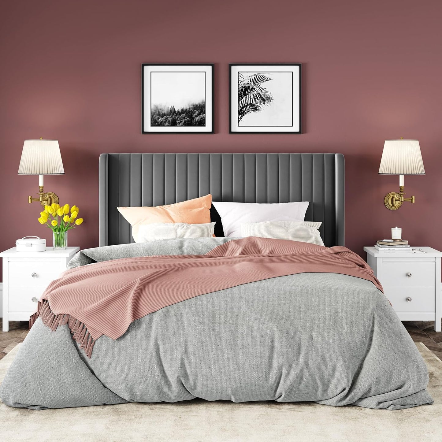 Allewie Full Size Velvet Bed Frame/Vertical Channel Tufted Wingback Headboard/Upholstered Platform Bed/Strong Wooden Slats/No Box Spring Needed/Easy Assembly/Grey