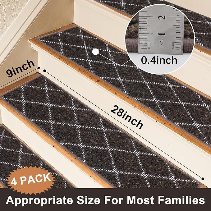 BEQHAUSE Stair Treads Non Slip Stair Runners for Wooden Steps Machine Washable Stair Rugs Soft Polyester Stair Runner Mats for Dogs Kids Brown Carpet Stair Treads,4PCS