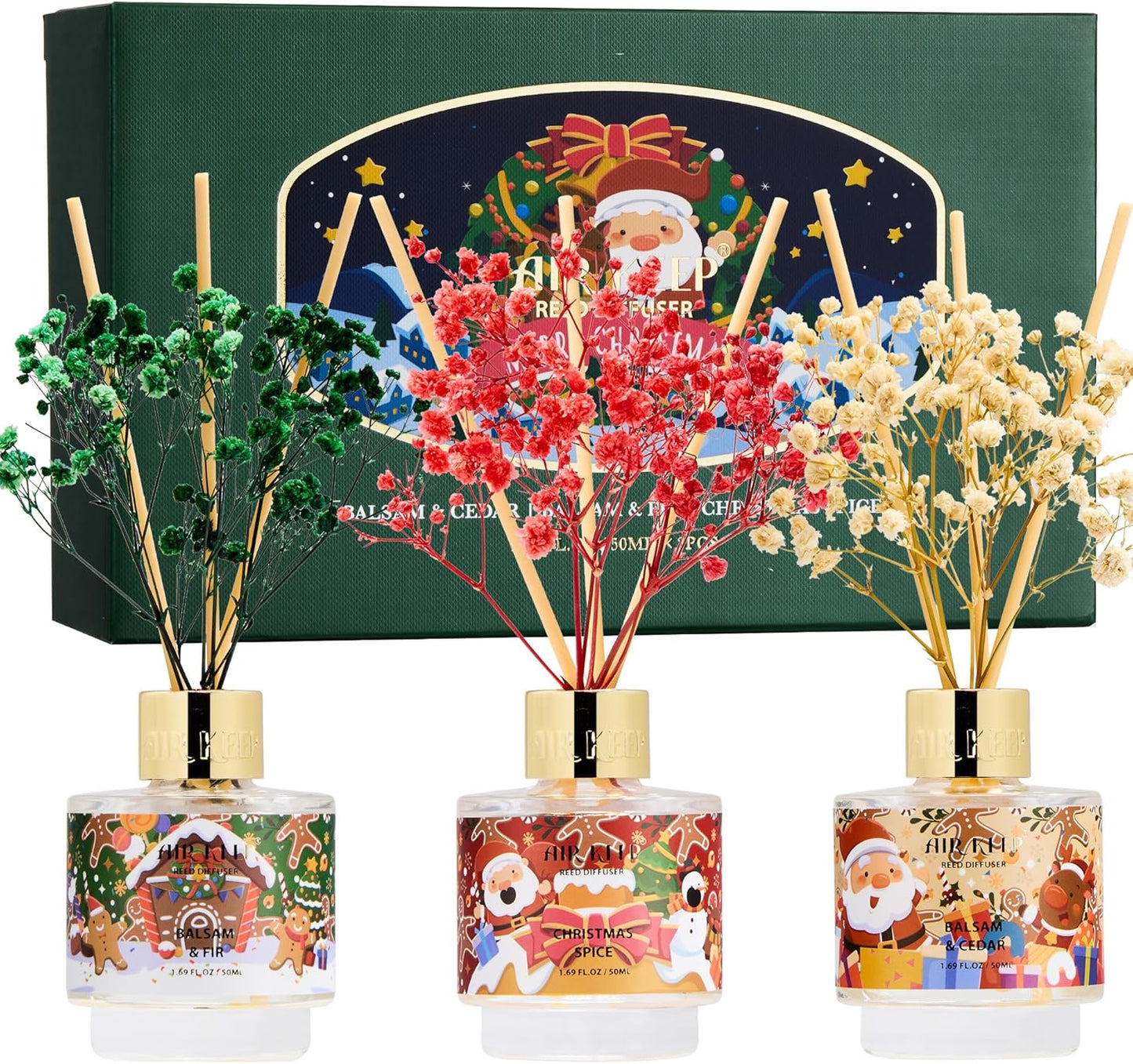 Airkeep Reed Diffuser Set of 3,Balsam & Cedar Balsam & Fir Christmas Spice Oil Reed Diffusers for Bedroom Living Room Office Aromatherapy Oil Reed Diffuser for Gift 50ml x 3