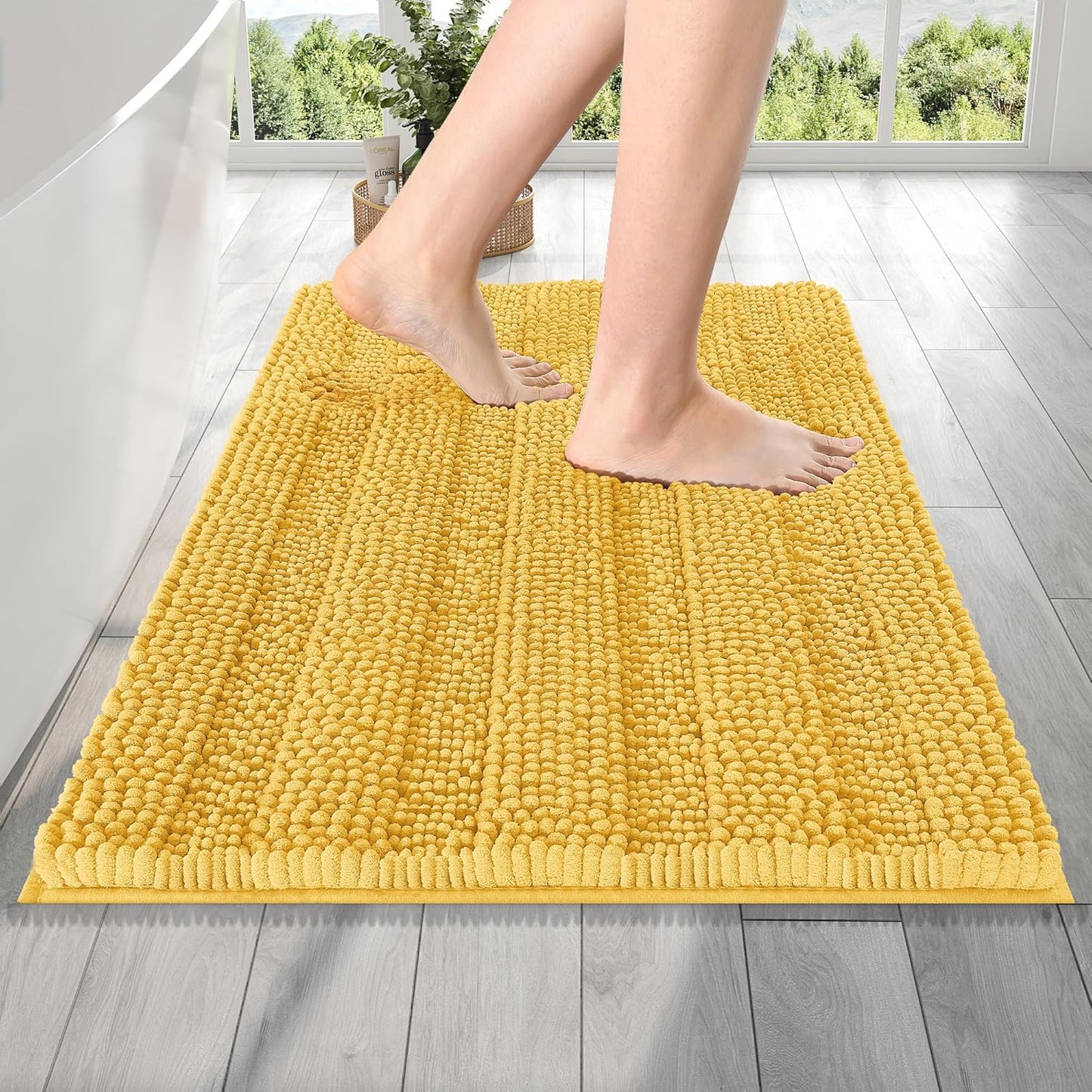 OLANLY Thick Bathroom Rugs 24x16, Extra Soft Absorbent Chenille Striped Bath Rugs, Rubber Backing, Machine Wash Dry, Bath Mats for Bathroom Floor, Tub and Shower, Home Decor Accessories, Yellow