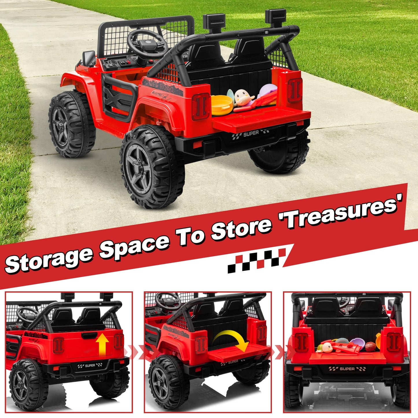ANRLI 24V XL Ride on Car with Remote Control, 2 Seater 4WD/2WD Switchable Electric Car for Kids w/20 Inch Wide Seat, Gift Flower, 4X200W Power Car Wheels 24 Volt Big Trucks for Boys Girls, Red