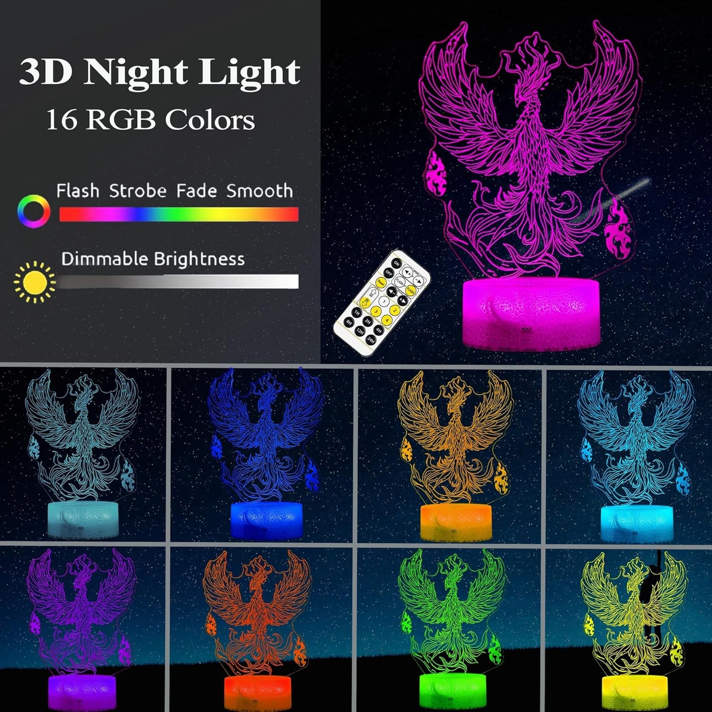 Phoenix Night Light, 3D Illusion Lamp, Phoenix Stuff with 16 Colors Changing, Remote Control, Dimmable, Kids Room Decoration, Xmas Holiday Gifts
