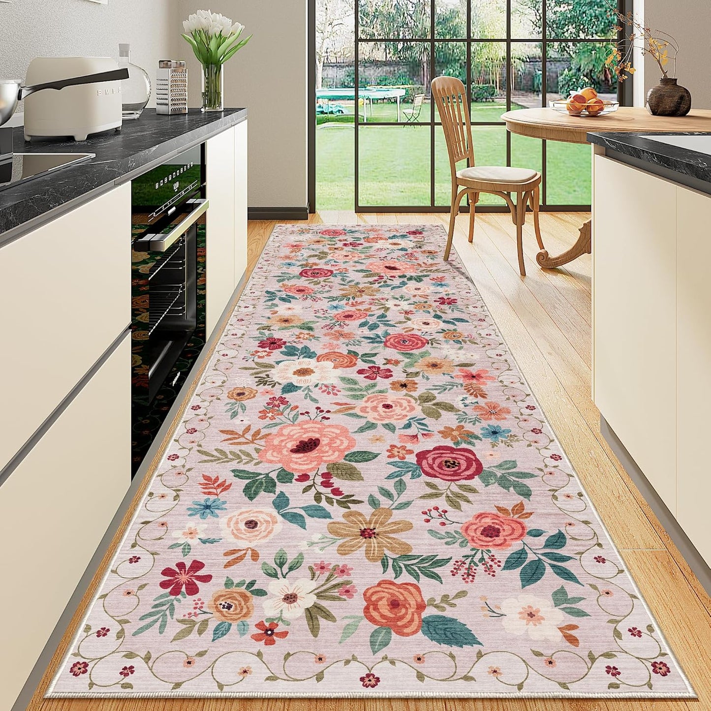DUKINO 3x10 Runner Rug for Hallway, Washable Kitchen Floral Runner Rug with Non Slip Backing, Low Pile Soft Boho Carpet for Kitchen, Hallway, Entryway, Laundry, Bedroom, Beige