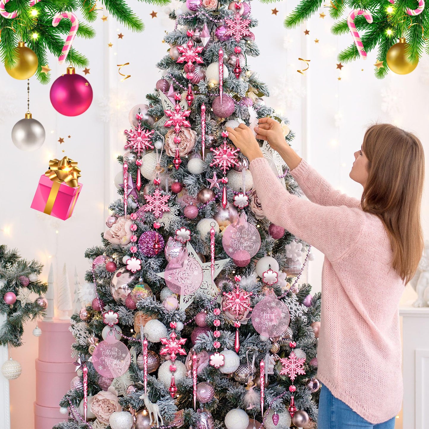 Cinnvoice 24 Pcs Christmas Pink Acrylic Snowflake Ornaments Decoration Set, Crystal Christmas Tree Hanging Pink Clear Flat Ornaments for Xmas Winter Holiday Craft Party Celebration