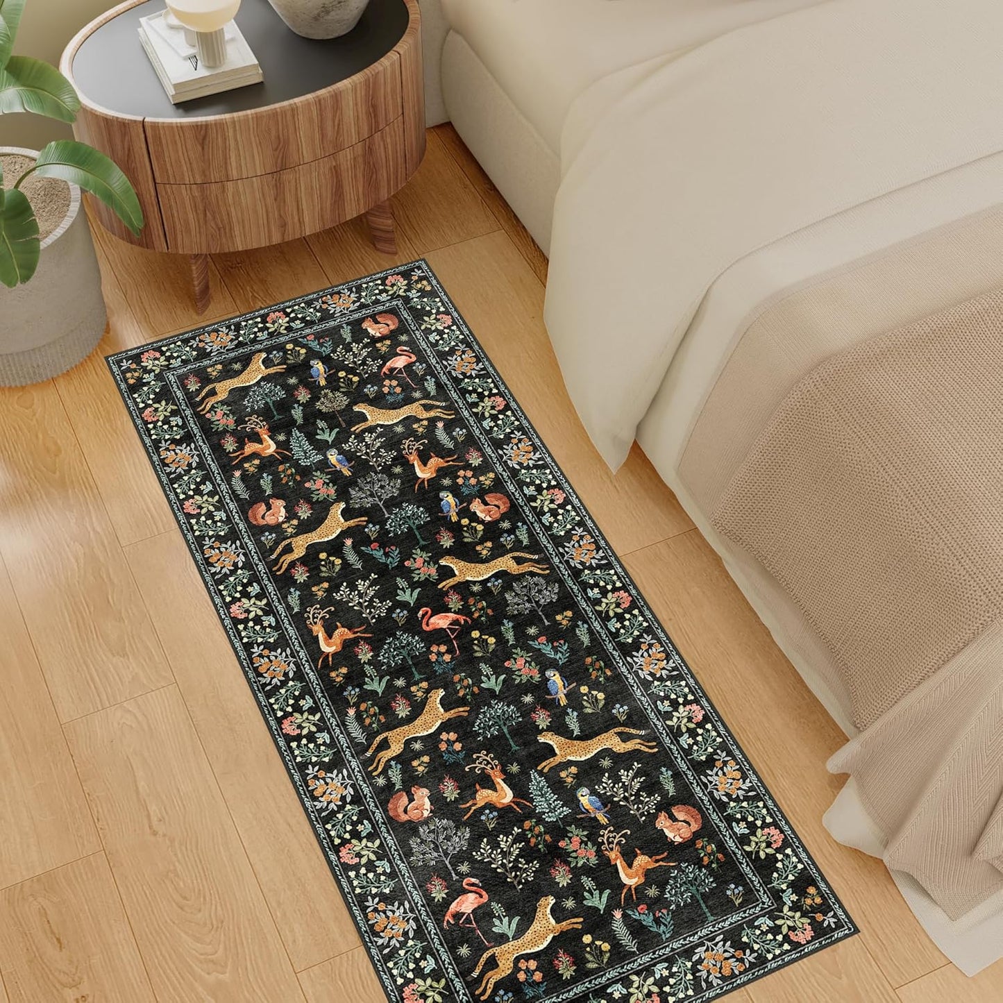 DUKINO 2x5 Rug for Hallway, Washable Kitchen Runner Rug with Non Slip Backing, Soft Low Pile Vintage Animal Runner for Bedroom, Kitchen, Hallway, Entryway, Laundry, Black