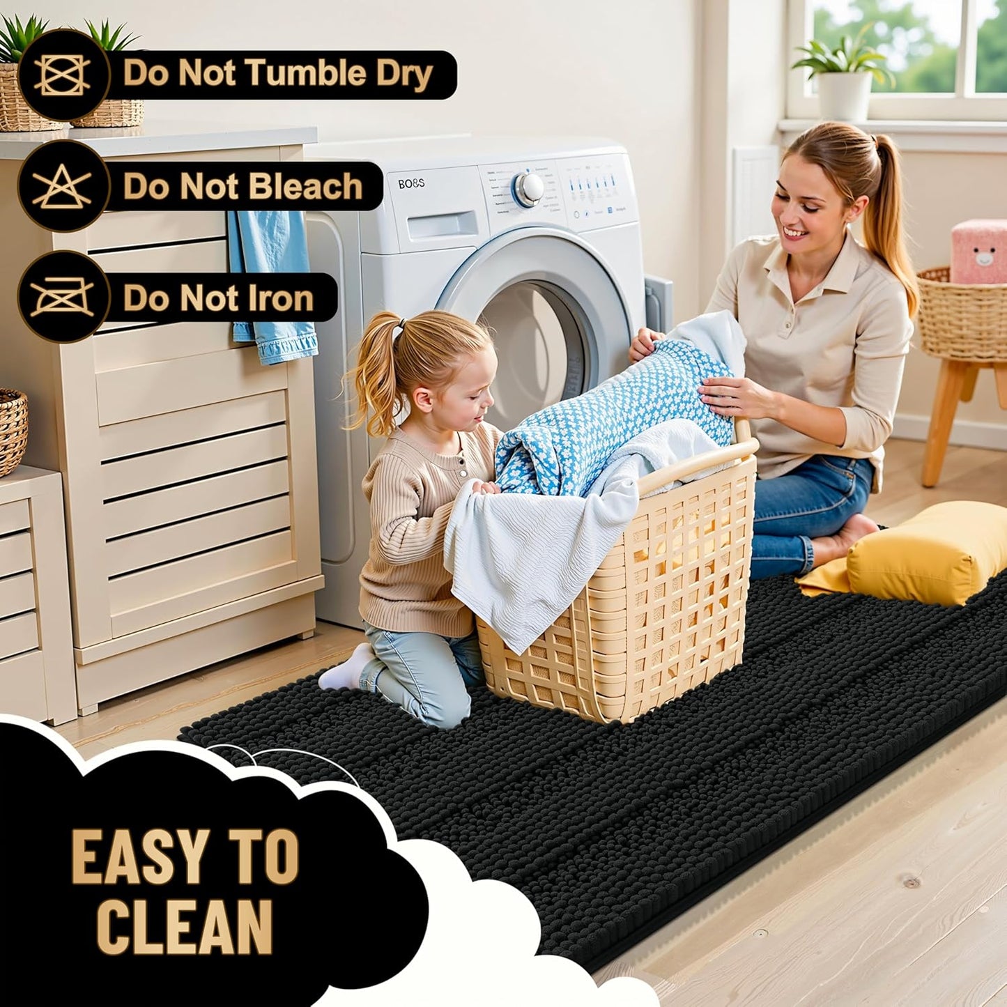 OLANLY Thick Bathroom Rugs 24x16, Extra Soft Absorbent Chenille Striped Bath Rugs, Rubber Backing, Machine Wash Dry, Bath Mats for Bathroom Floor, Tub and Shower, Home Decor Accessories, Black
