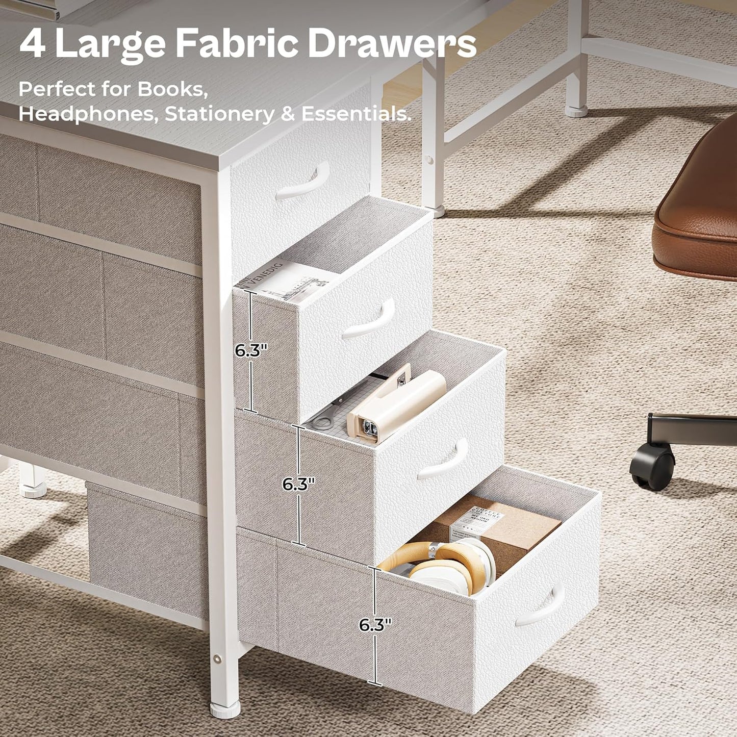 Huuger 55 Inch L Shaped Desk with Fabric Drawers, Reversible Computer Gaming Desk with Power Outlets and USB-C Port, Adjustable Side Storage Shelves, for Work Study Corner Home Office, White