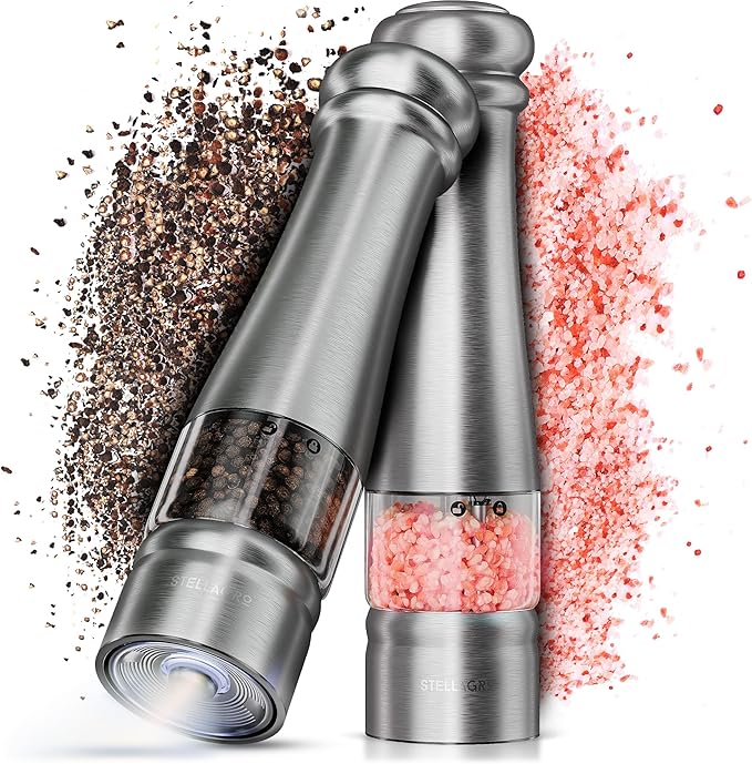 Electric Salt and Pepper Grinder Set, Automatic Battery Operated Salt and Pepper Shakers set with LED Light, Adjustable Coarseness, One Hand Operation, Refillable Grinder Set