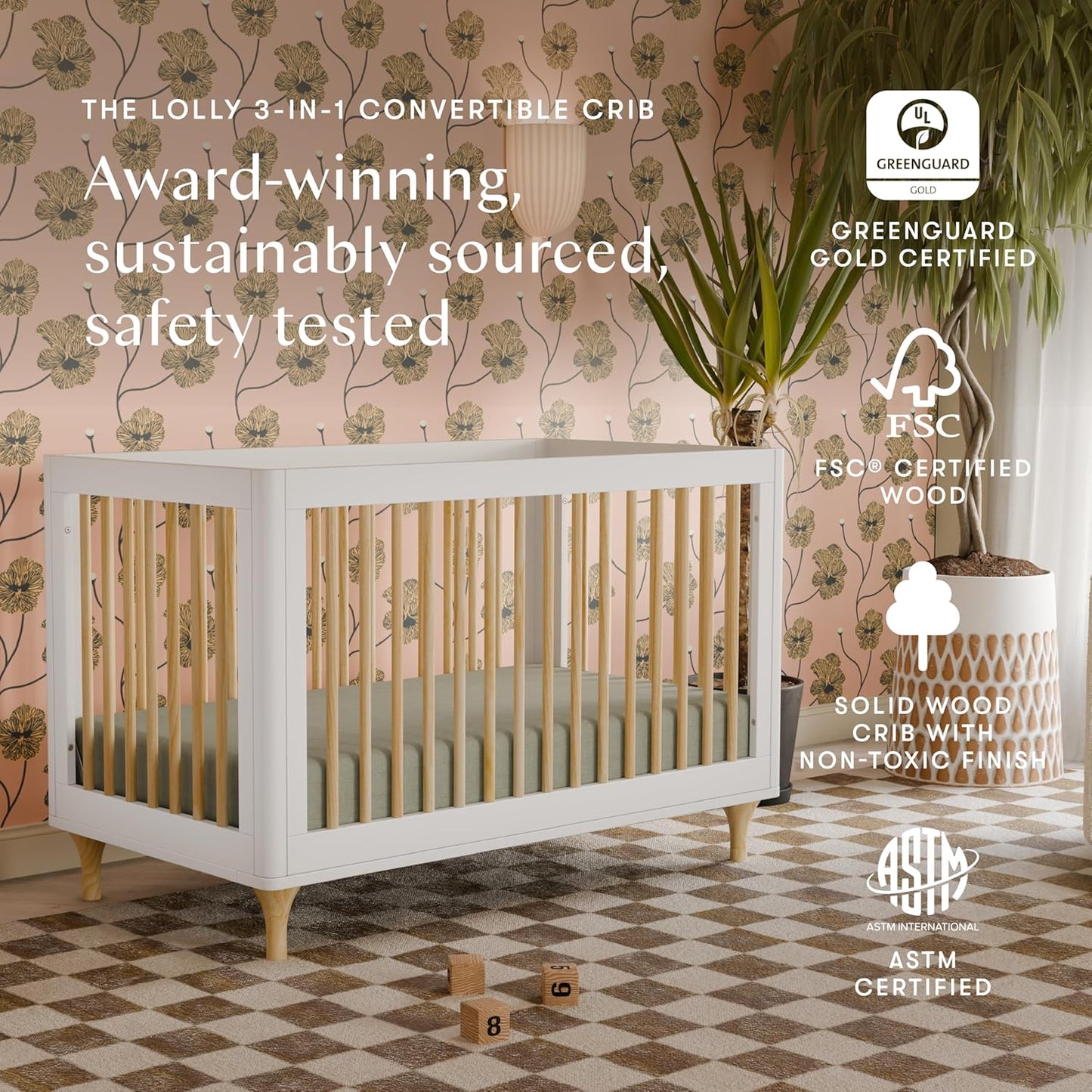 Babyletto Lolly 3-in-1 Convertible Crib with Toddler Bed Conversion Kit in White and Natural, Greenguard Gold Certified
