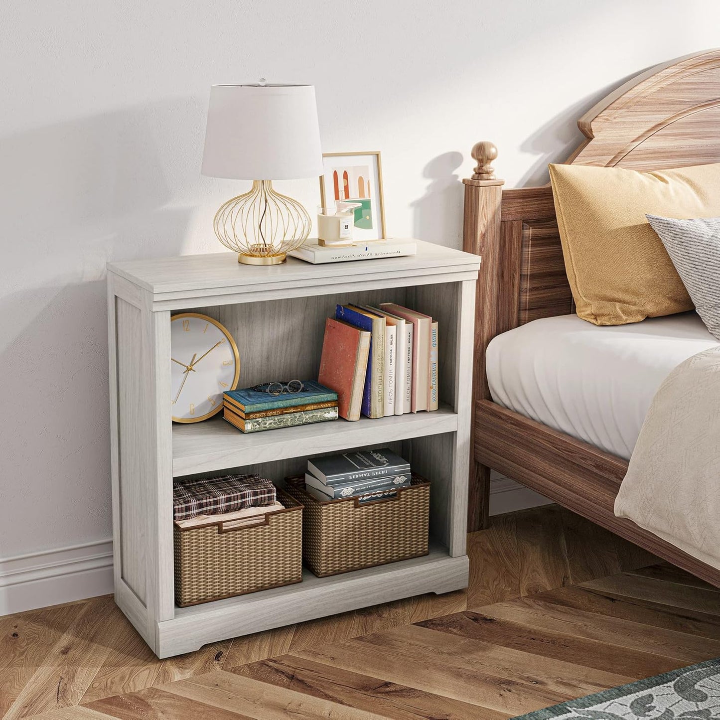 LINSY HOME 2-Tier Bookcase and Bookshelf, Small Wood Display Storage Shelves Farmhouse Bookshelf for Home Office, Living Room, Bed Room - White Oak
