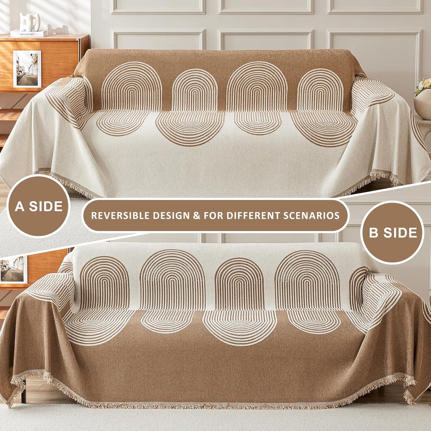 STACYPIK Boho Arched Pattern Sofa Cover Throw, Washable Chenille Furniture Protector for 2 Seater Sofa, Anti Scratch Couch Cover for Dogs Cats, Pet Proof Loveseat Slipcovers Throw Blanket-71X118IN