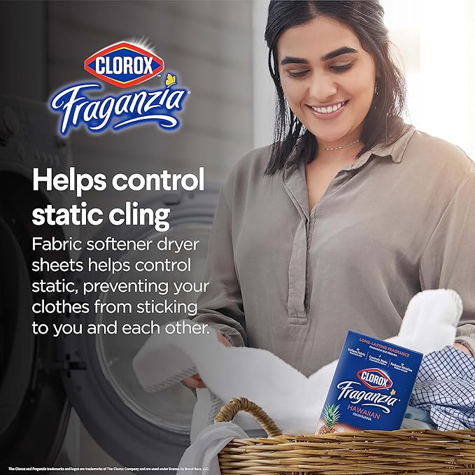 Clorox Fraganzia Fabric Softener Dryer Sheets, Hawaiian Scent - Wrinkle Reducing Scented Softening Laundry Dryer Sheets for Great Smelling Clothes, 105 Count