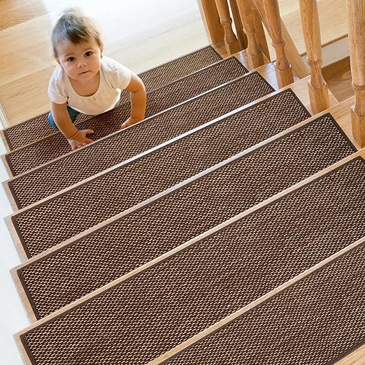 Stair Treads Non Slip for Wooden Steps Indoor 10" x 30" 15 Pack Extra Wide Stair Tread Carpet Stairs Runner, Step Pads with Reusable Adhesive for Dogs Kids Elders, Machine Washable, Brown