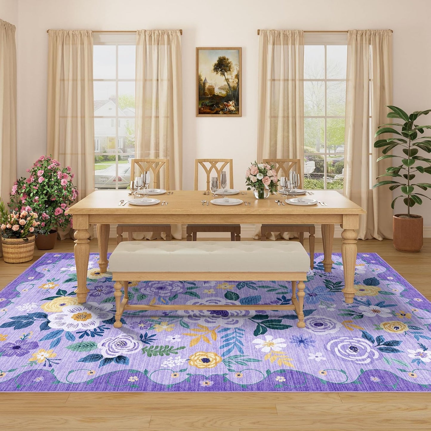 DUKINO 6x9 Area Rug, Floral Rugs for Living Room, Lightweight Non Slip Washable Rug, Indoor Low Pile & Non-Shedding Boho Design Rugs for Bedroom, Living Room, Dining Room, Purple