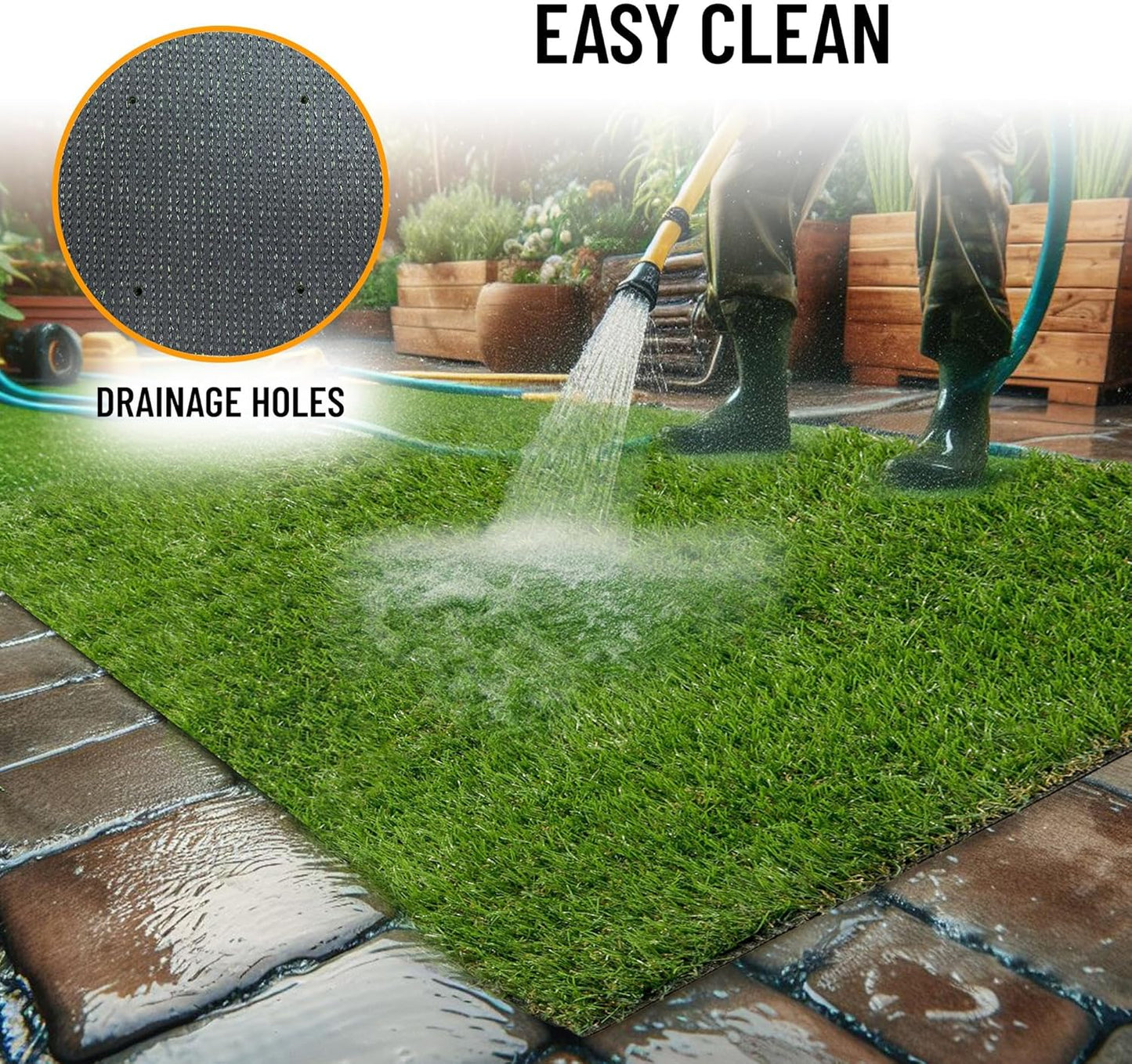 Ottomanson 6'6" x 9' Artificial Faux Grass Rug - Realistic Turf with UV Protection - Perforated for Easy Drainage - Durable, Hose-Off Synthetic Lawn Carpet for Indoor & Outdoor Use, Green