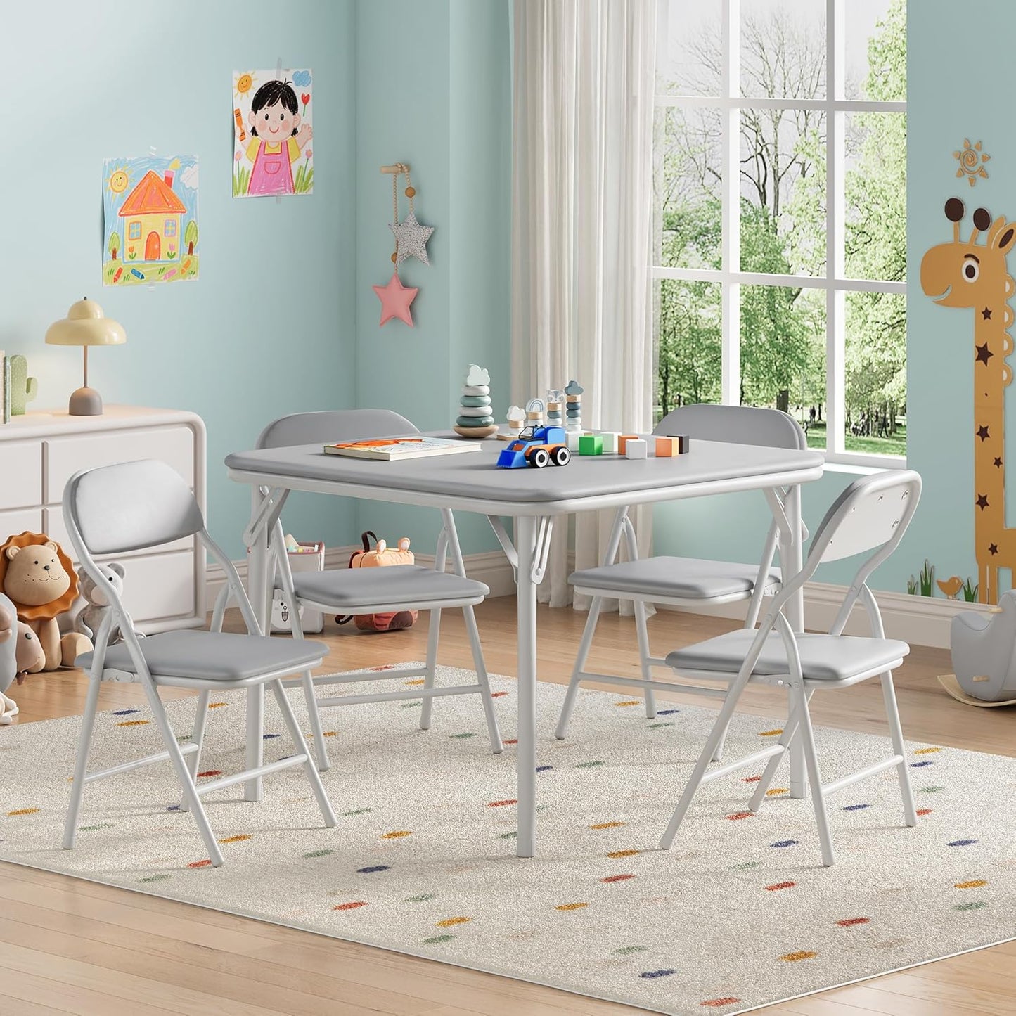 GarveeHome 5-Piece Kids Folding Table and Chairs Set, Toddlers Children's Activity Table and Chairs Set for Dining Room,Daycare,Classrooms