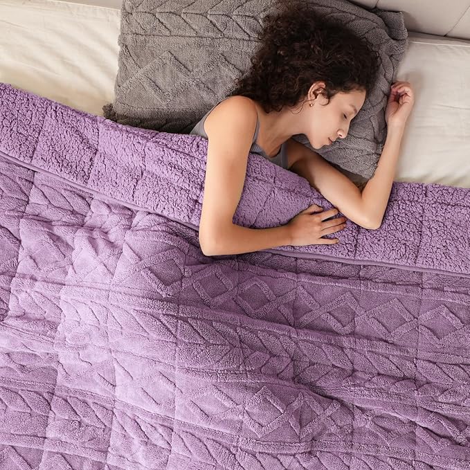 Cottonblue Jacquard Weighted Blanket 20 lbs for Adults Queen Twin Full Size, Fuzzy Sherpa Fleece Weighted Throw Blankets 60x80 in for Relax & Sleep, Cozy Heavy Bed Blankets with Cemaric Beads, Purple