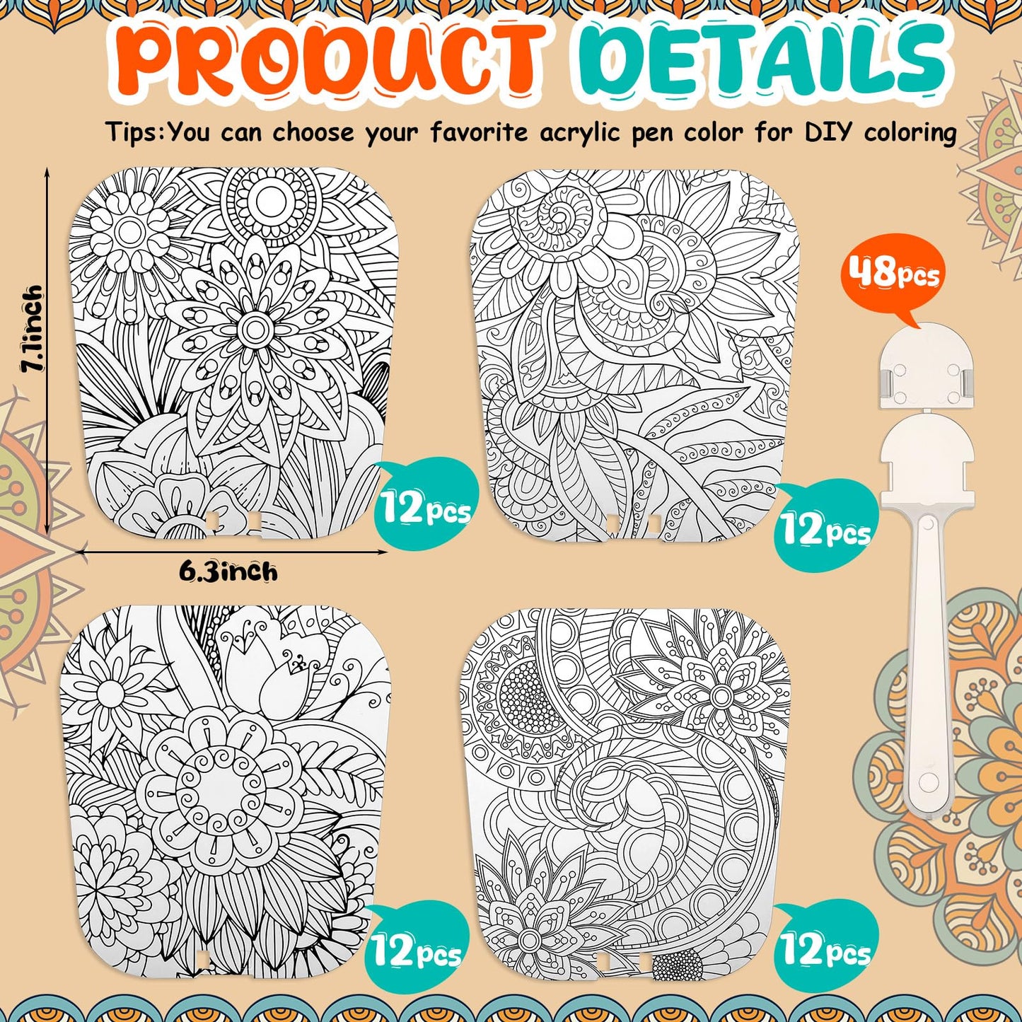 Geelin 48 Pcs Mandala Painting Art Kit Handheld Fan Set Including Fan and Handle 4 Styles DIY Painting Paper Fans for Christmas Crafting Birthday Supplies Outdoor Games Holiday Party Decor