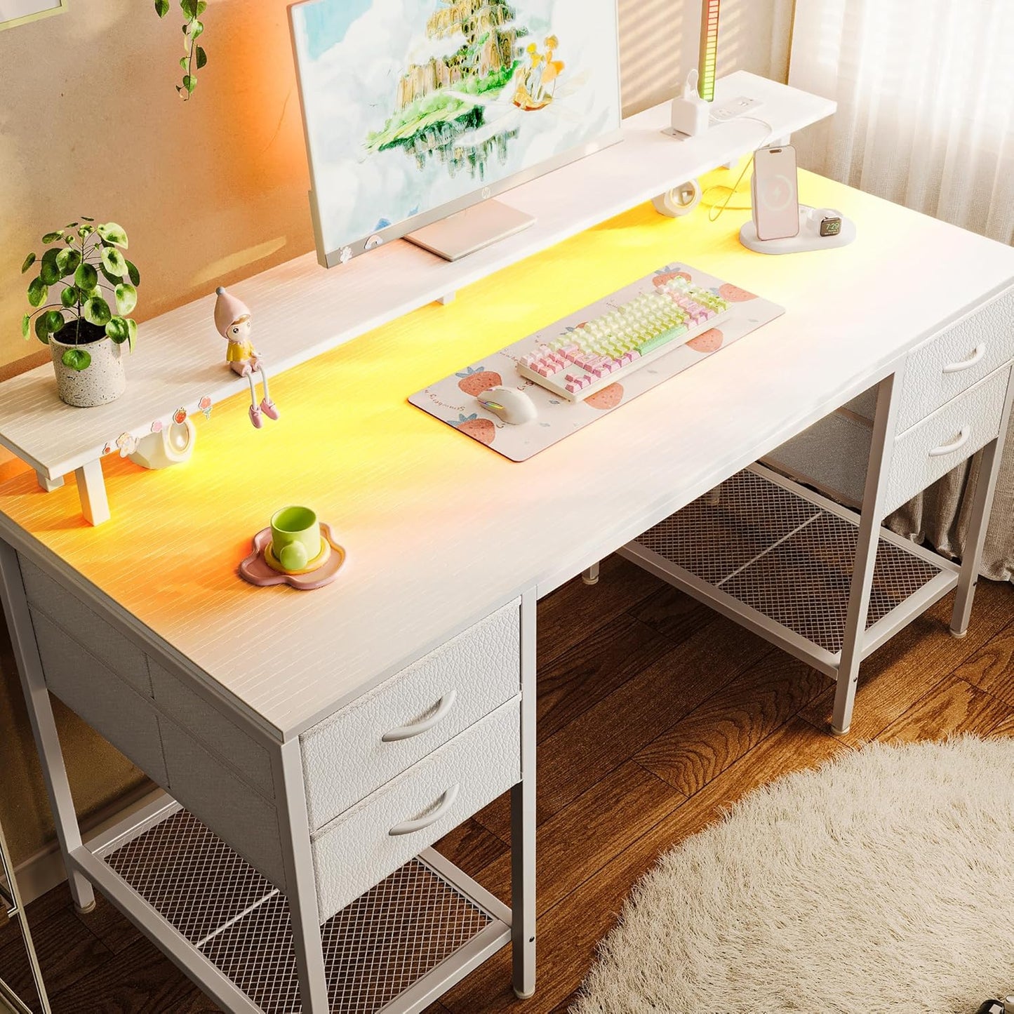 Huuger 55 inch Computer Desk with 4 Drawers, Gaming Desk with LED Lights & Power Outlets, Home Office Desk with Large Storage Space for Bedroom, Work from Home, White