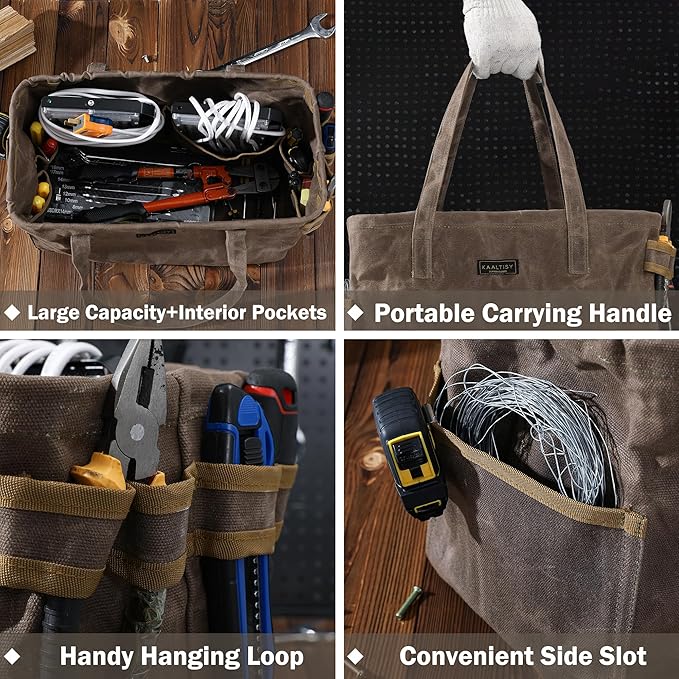 Tool Bag, Foldable Rectangular Hand Tool Storage Bag, 16OZ Waxed Canvas Tool Bag Case - with External Pockets + Sturdy Handles + Top Metal Bar - for Carpenter Repairman Gardener | Grey | 15"Lx7"Wx10"H