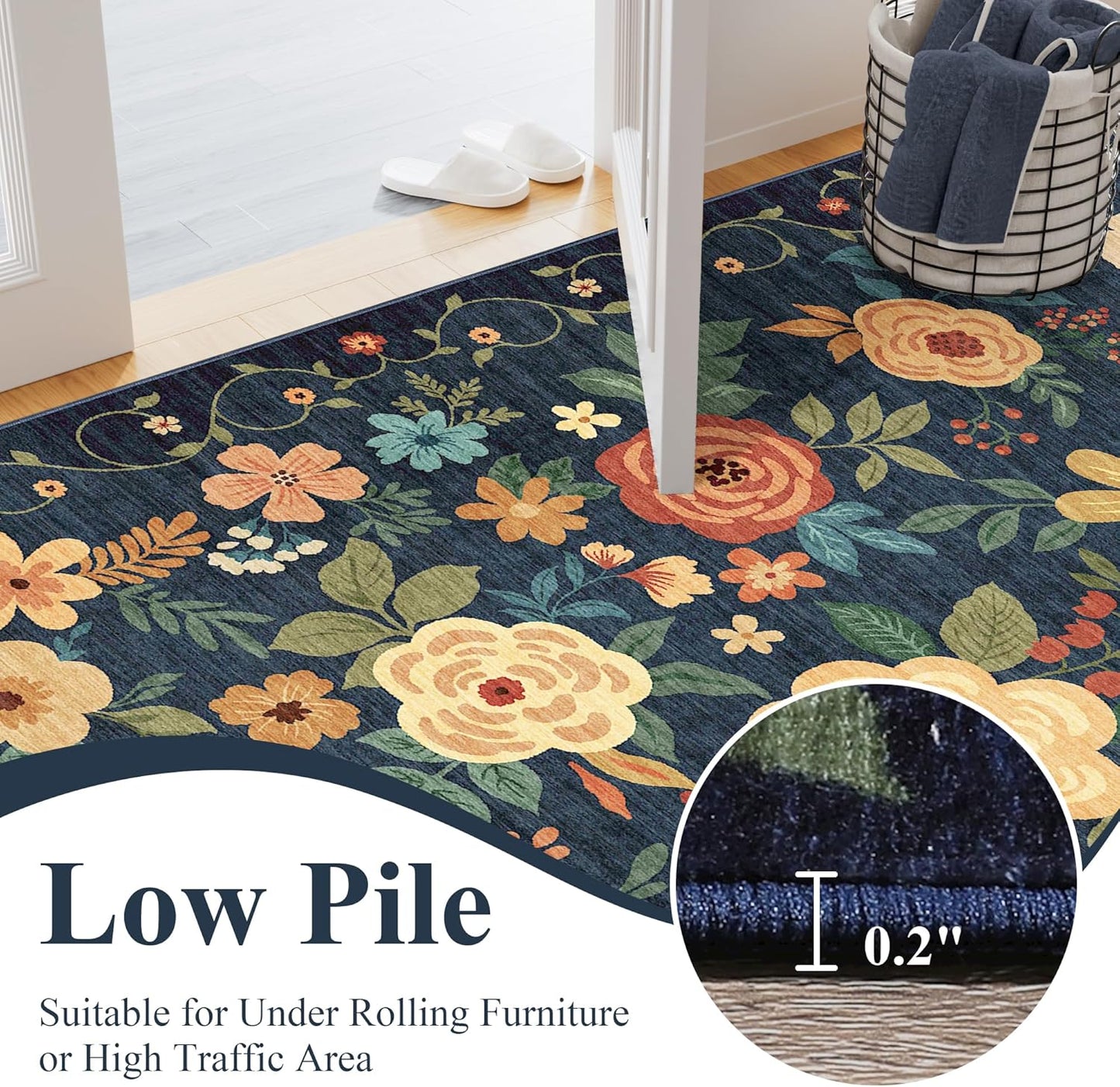 DUKINO 8x10 Area Rug, Floral Rugs for Living Room, Lightweight Non Slip Washable Rug, Indoor Low Pile & Non-Shedding Boho Design Rugs for Bedroom, Living Room, Dining Room, Dark Blue