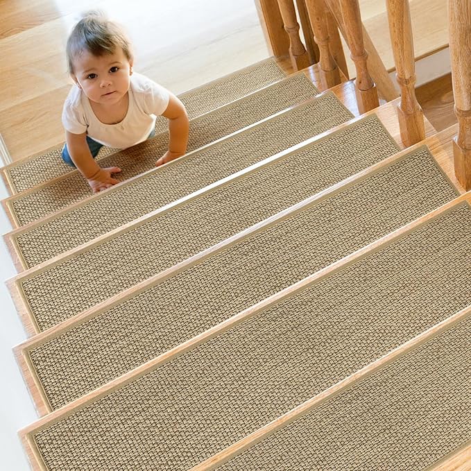Stair Treads Non Slip for Wooden Steps Indoor 9" x 36" 15 Pack Extra Wide Stair Tread Carpet Stairs Runner, Step Pads with Reusable Adhesive for Dogs Kids Elders, Machine Washable, Beige