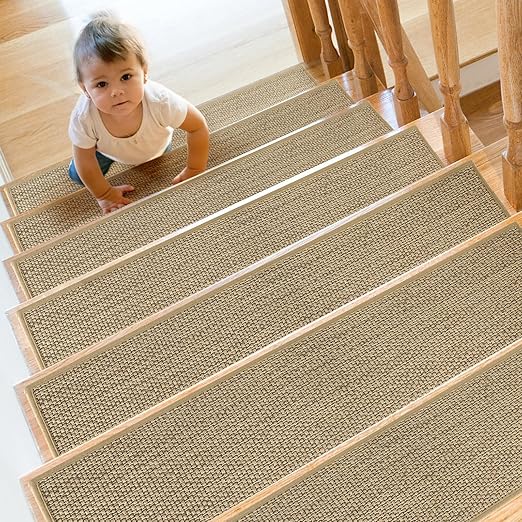 Stair Treads Non Slip for Wooden Steps Indoor 10" x 30" 8 Pack Extra Wide Stair Tread Carpet Stairs Runner, Step Pads with Reusable Adhesive for Dogs Kids Elders, Machine Washable, Beige