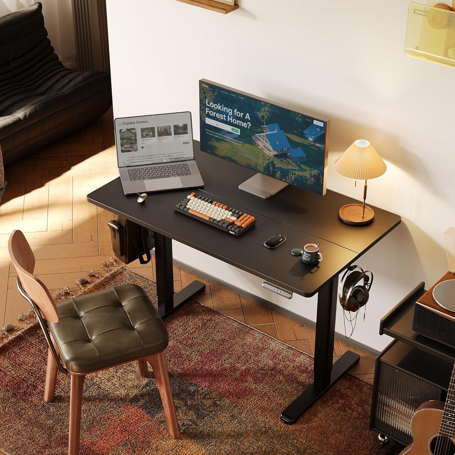 Seang Standing Desk with Adjustable Height, 48x24 Inch Electric Stand Up Desk for Home Office, Studio, Computer Workstation, Black Top
