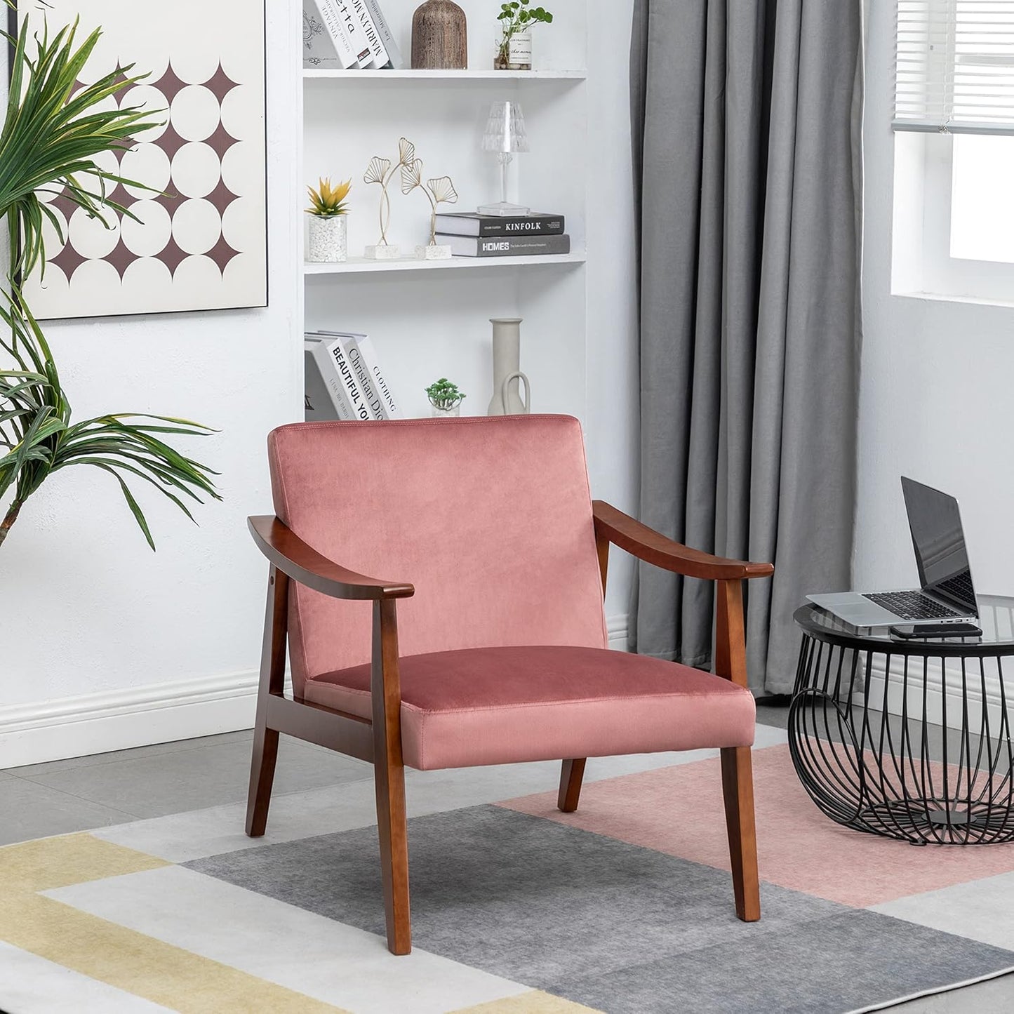 Container Furniture Direct Accent Chair with Velvet Upholstery and Solid Wood Frame, Classic Mid-Century Modern Living Room Furniture for Extra Seating, Rose