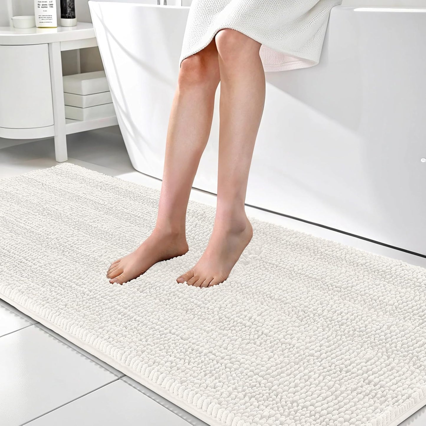 OLANLY Thick Bathroom Rugs 70x24, Extra Soft Absorbent Chenille Striped Bath Rugs, Rubber Backing, Machine Wash Dry, Bath Mats for Bathroom Floor, Tub and Shower, Home Decor Accessories, Ivory