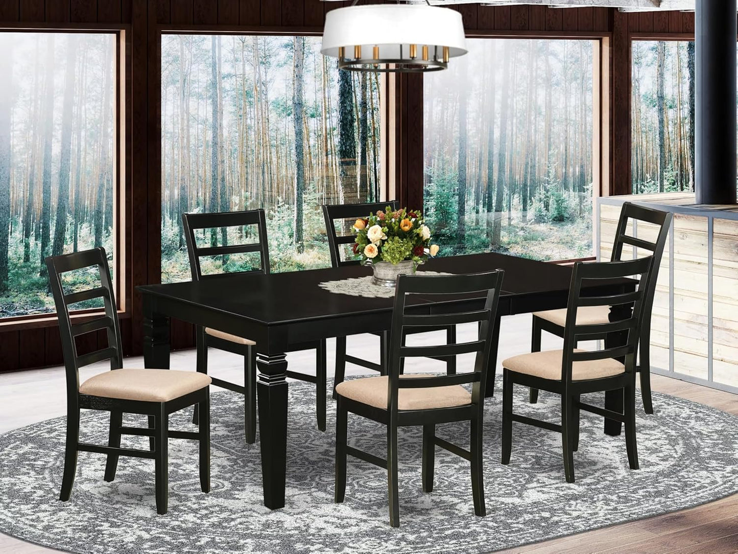 East West Furniture LGPF7-BLK-C 7 Piece Kitchen Table Set Consist of a Rectangle Dining Table with Butterfly Leaf and 6 Linen Fabric Upholstered Dining Chairs, 42x84 Inch, Black