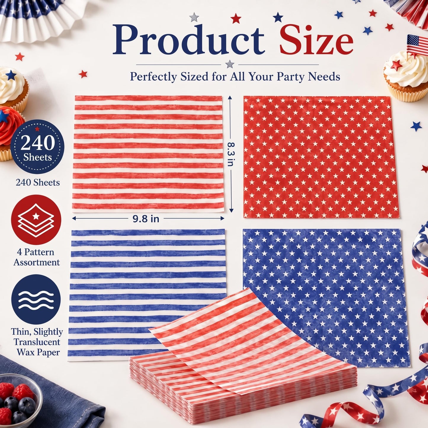 240 Sheets Watercolor Patriotic Wax Paper for Food Deli, 9.8 x 8.3'' Seamless Blue Red Stars Stripes Greaseproof Wrapping Paper for 4th of July Sandwich Picnic Basket Liner Party Supplies