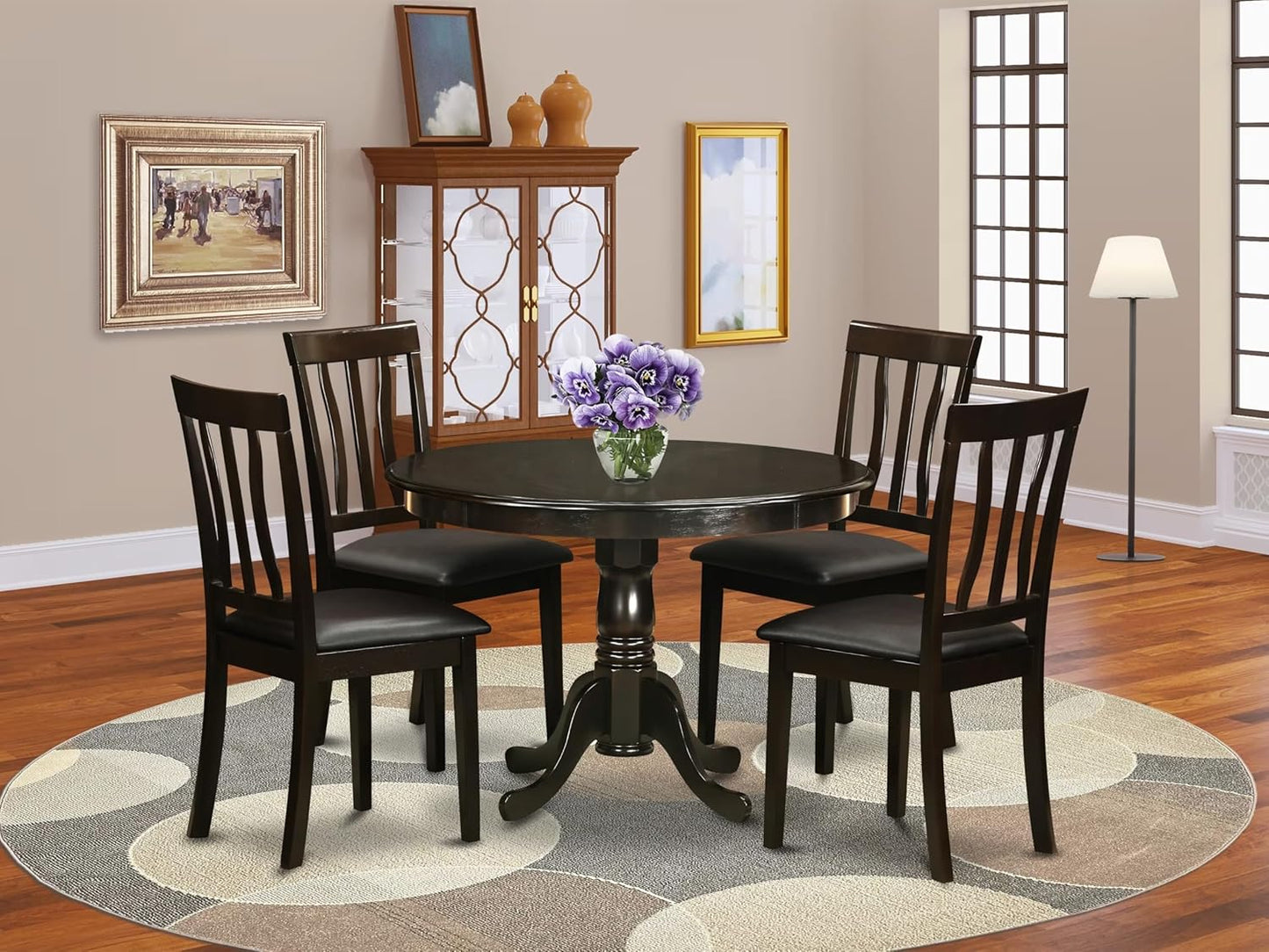 East West Furniture ANGA3-ABK-24 3 Piece Dinette Set for Small Spaces Contains a Round Kitchen Table with Pedestal and 2 Black Linen Fabric Parson Dining Chairs, 36x36 Inch, Wirebrushed Black