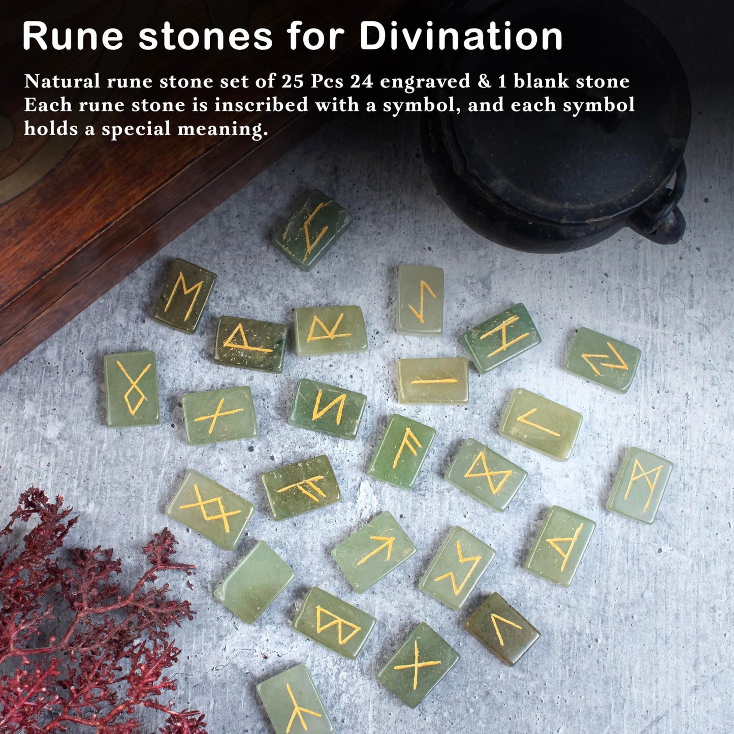 Crocon Green Jade Rectangle Shape Gemstone Runes with Elder Futhark Alphabet Engraved 25 pcs Rune Set Crystal Divination Metaphysical Healing Chakra Reiki Runes Set with a Pouch Size : 20-25mm