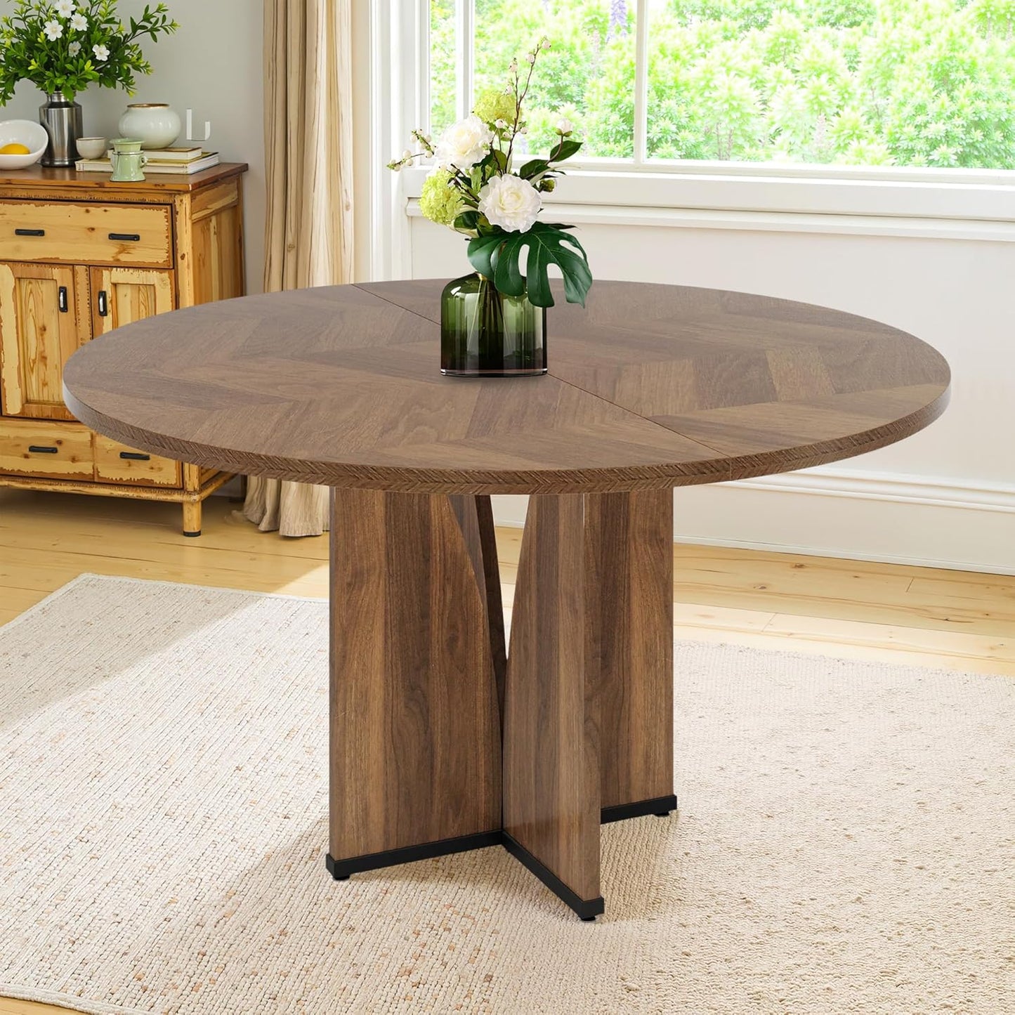 Round Dining Table for 4, 39 Inch Small Dinner Table Farmhouse Wooden Circle Kitchen Tables with Cross Base for Dining Room, Kitchen, Living Room, Brown