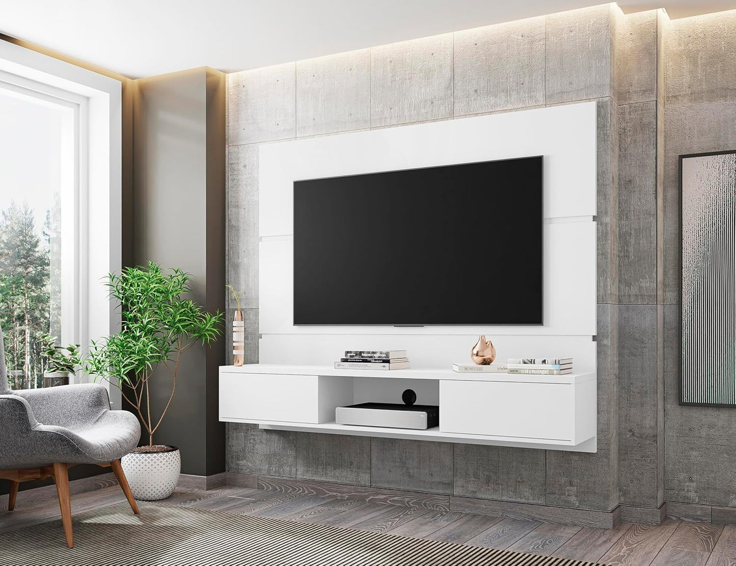 Manhattan Comfort Vernon 62" Floating Entertainment Center, Wall Mounted TV Stand for 55'' Television with Concealed & Open Storage, Hole for Cable Management, White