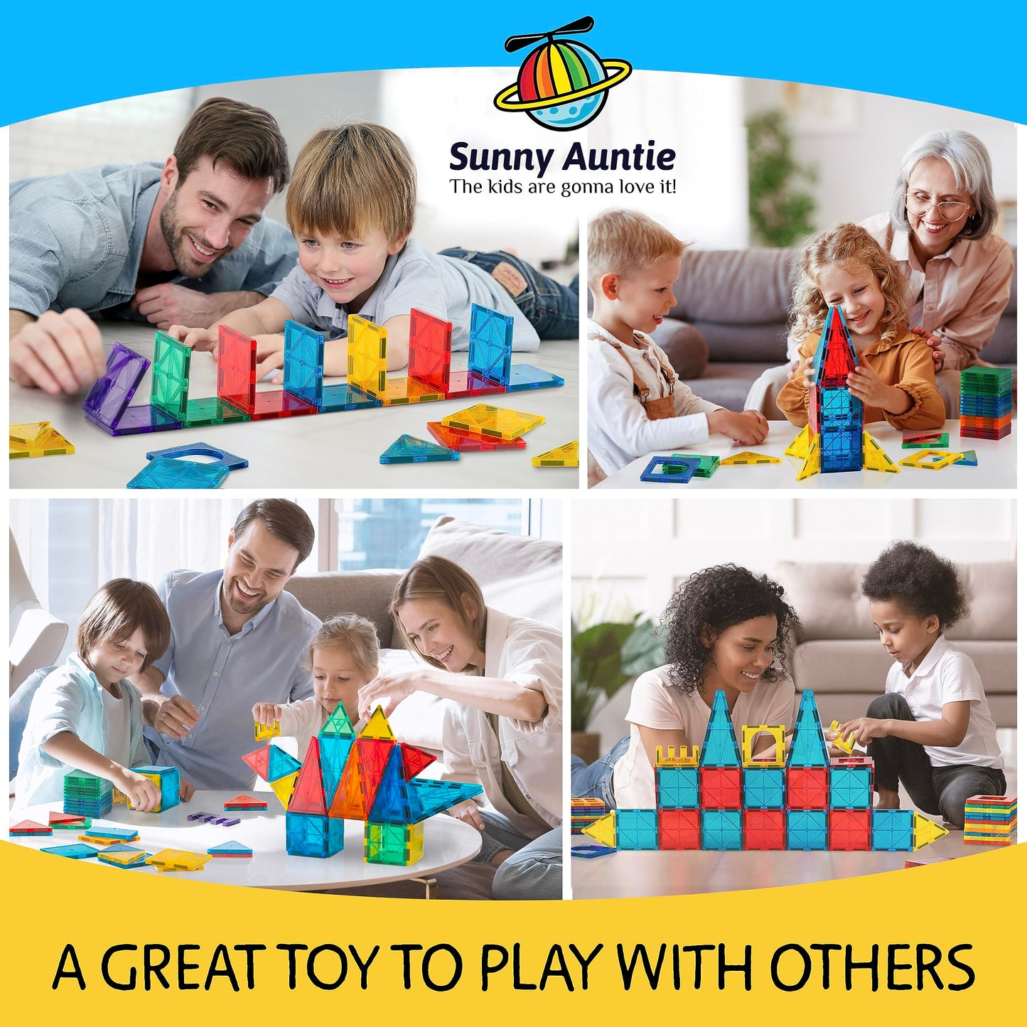 SUNNY AUNTIE Magnetic Tiles 125 PCS XL Set with Storage Bag – Magnetic Building Tiles for Kids Ages 3-8, STEM Magnet Construction Toy for Boys & Girls