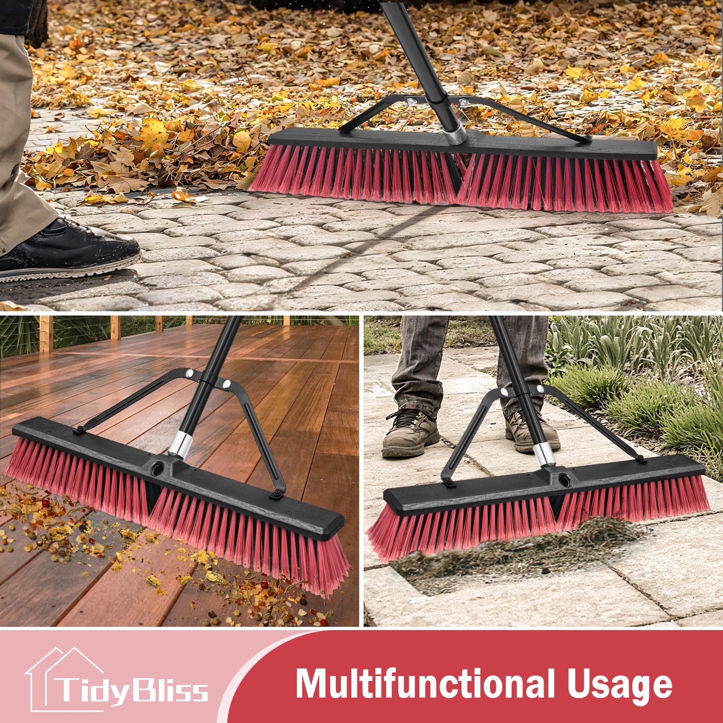 TidyBliss 24” Push Broom Outdoor Heavy Duty, Large Commercial Stiff Bristle Brush with 63 inches Long Handle for Garage Shop Garden Yard Patio Deck Street Warehouse Lawn Driveway (Red)