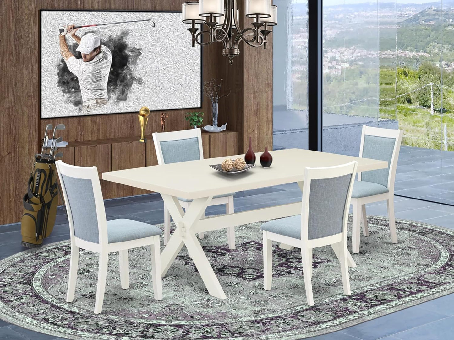 East West Furniture X027MZ015-5 5 Piece Kitchen Table & Chairs Set Includes a Rectangle Dining Table with X-Legs and 4 Baby Blue Linen Fabric Parson Chairs, 40x72 Inch, Multi-Color