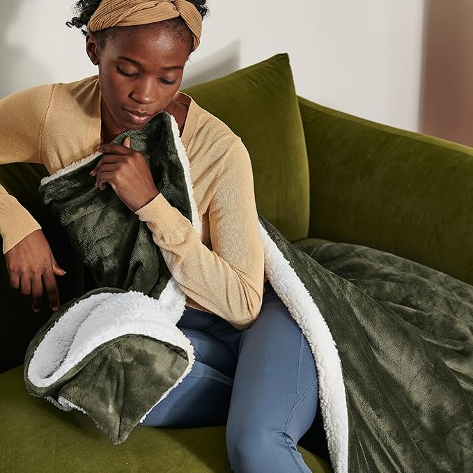 Bedsure GentleSoft Sherpa Fleece Throw Blanket Twin Size for Couch - Thick and Warm Throw for Women and Men, Soft Fuzzy Plush Twin Blanket for Winter, Non-Heated, Olive Green, 60x80 Inches